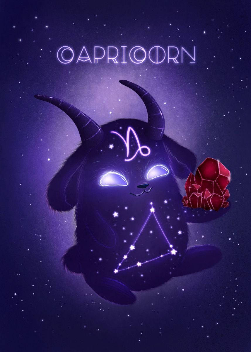 一隻卡通山羊，眼睛發光，在繁星點點的紫色天空中手持紅色水晶，背景有摩羯座星座。