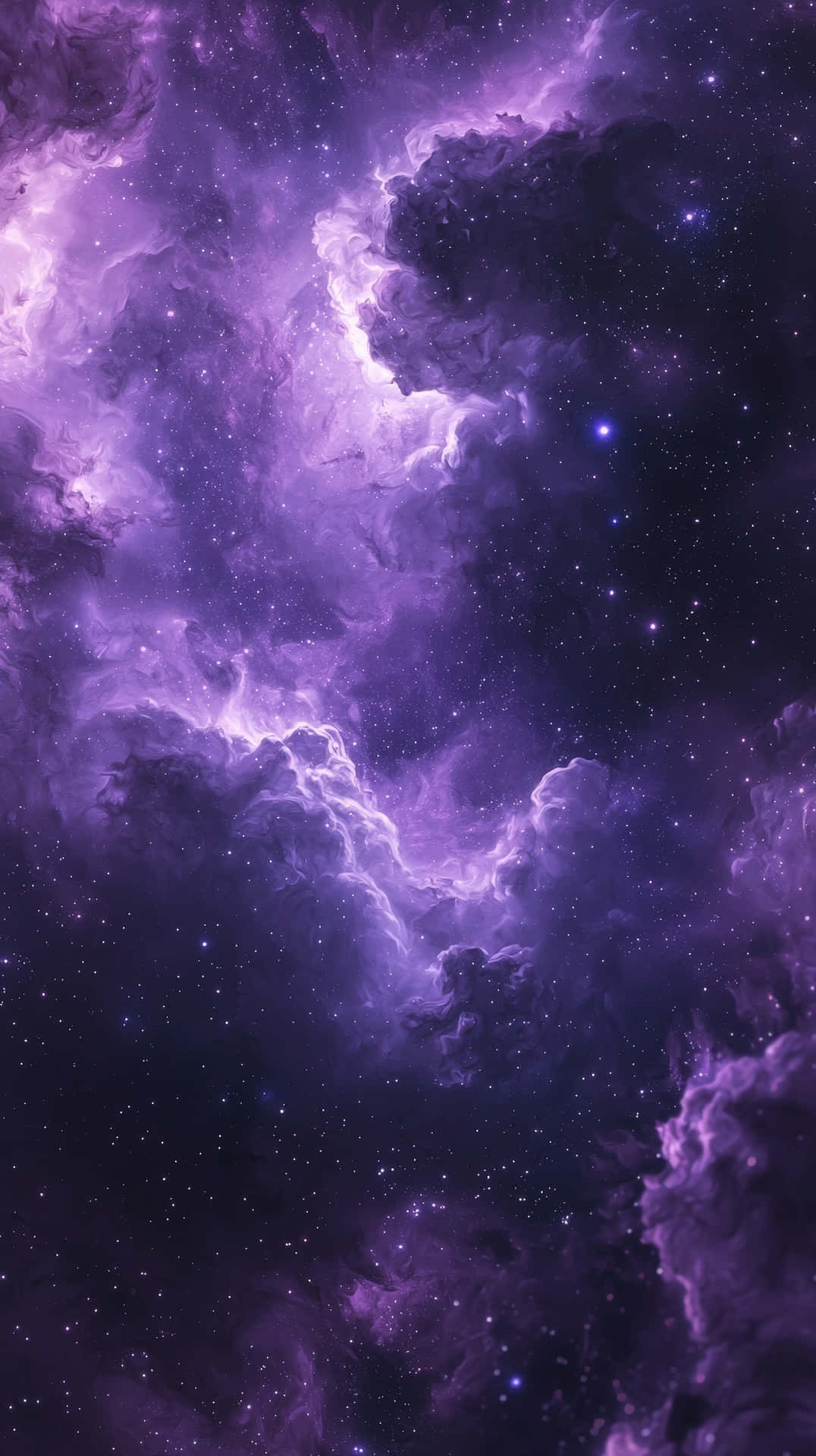 發光紫色星雲，星辰與宇宙雲氣交織，壯觀宇宙場景 壁紙 — 廣闊的宇宙星雲在深紫色和紫羅蘭色中旋轉，點綴著閃爍的星星，映襯著黑暗的虛空。