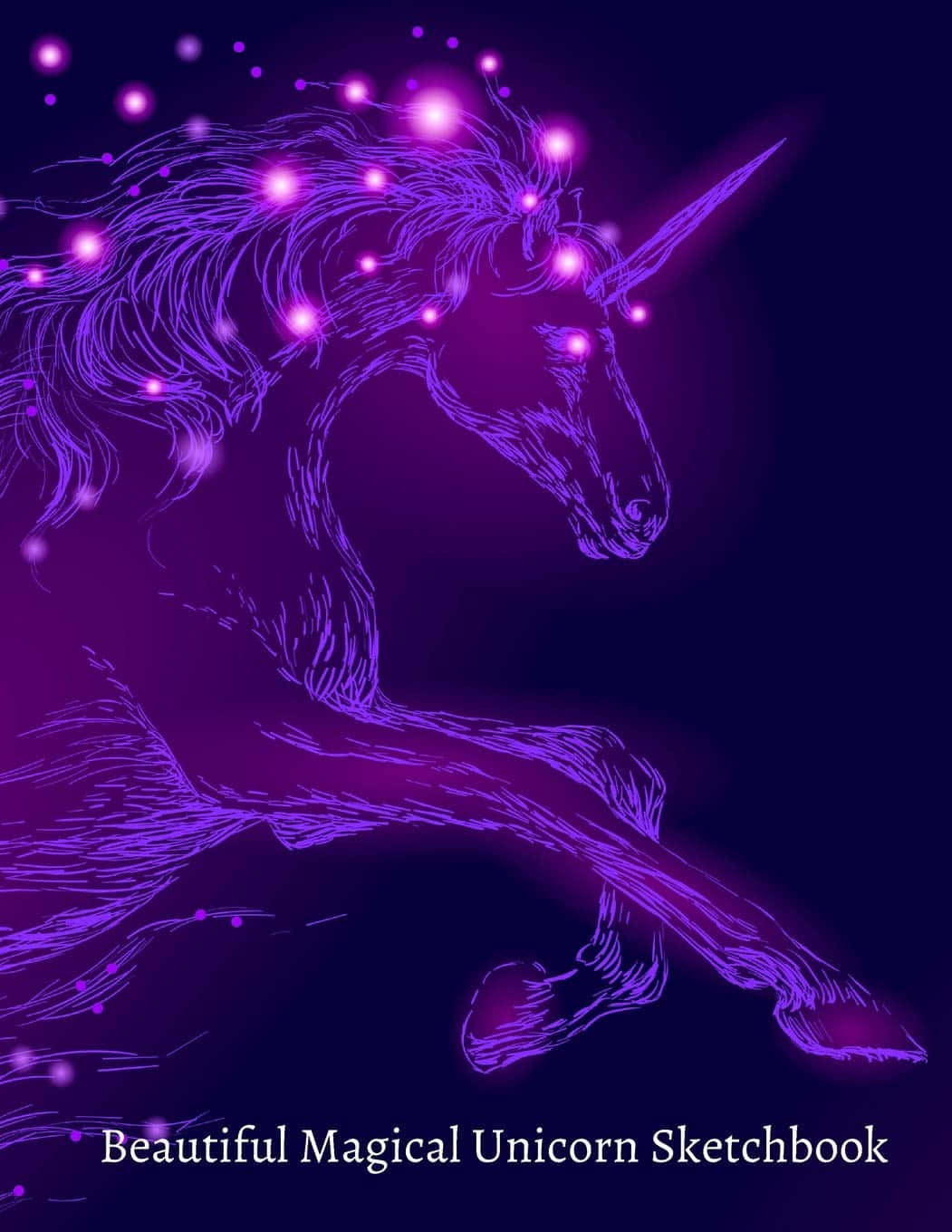 一隻發光的紫色獨角獸，鬃毛上閃爍著星星，在黑暗的宇宙背景中奔馳。