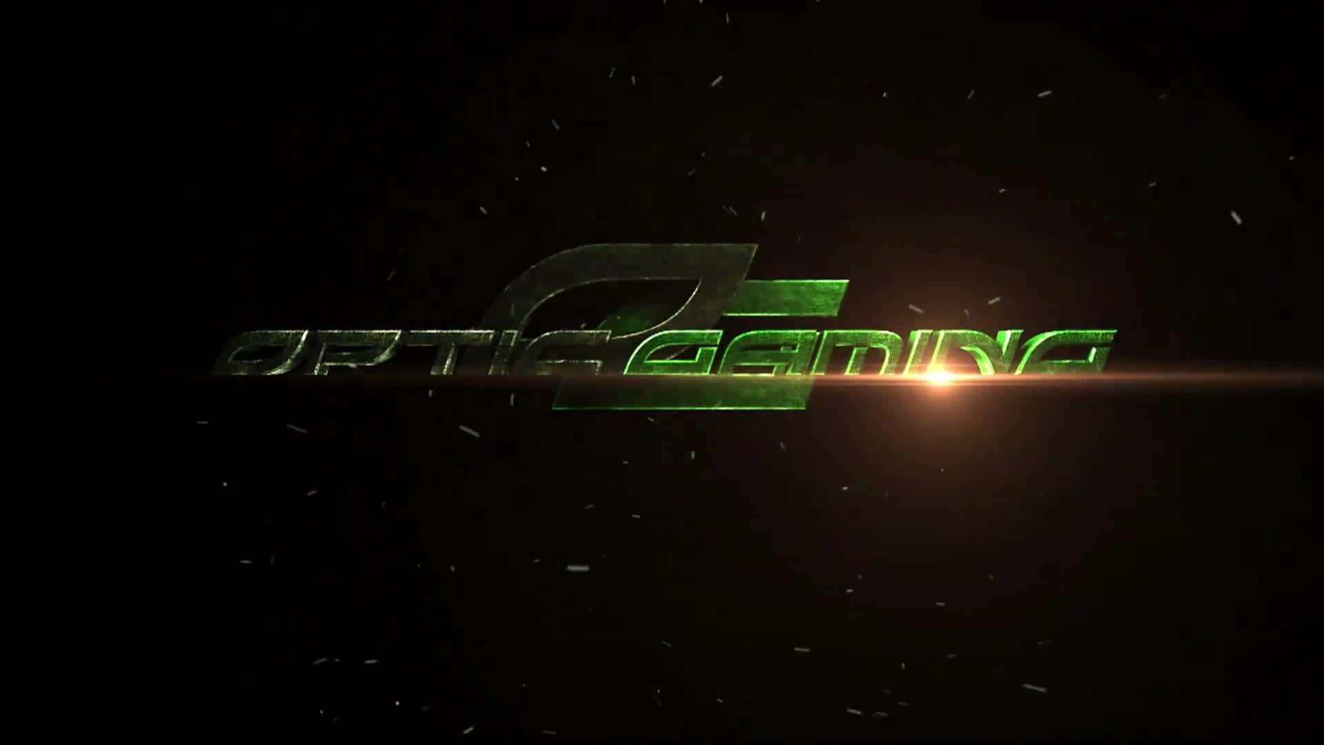  壁紙 — 發光綠色 'OPTIC GAMING' 標誌，帶有鏡頭光暈和漂浮粒子，背景為深色。