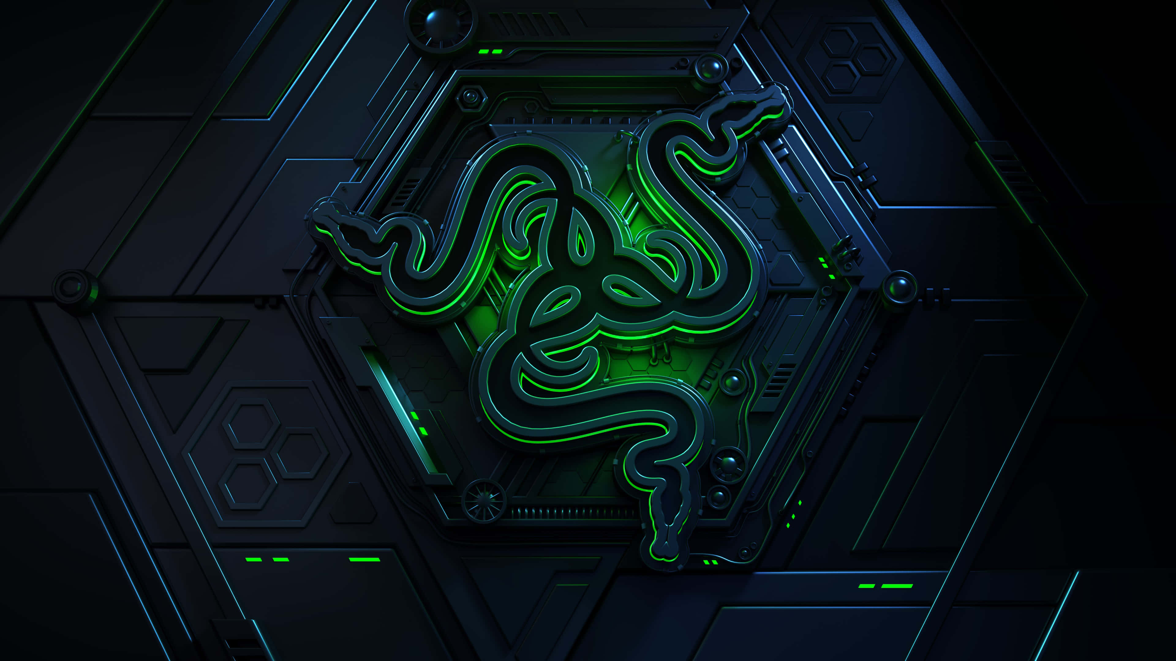 3d Technology 桌布 壁紙 — 發光綠色Razer標誌嵌入在帶有霓虹色調的黑暗未來科技面板中。