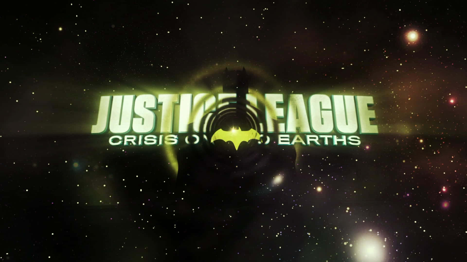 Justice League Crisis On Two Earths 桌布 壁紙 — 發光綠色正義聯盟標誌，蝙蝠俠符號居中，背景是星空宇宙。