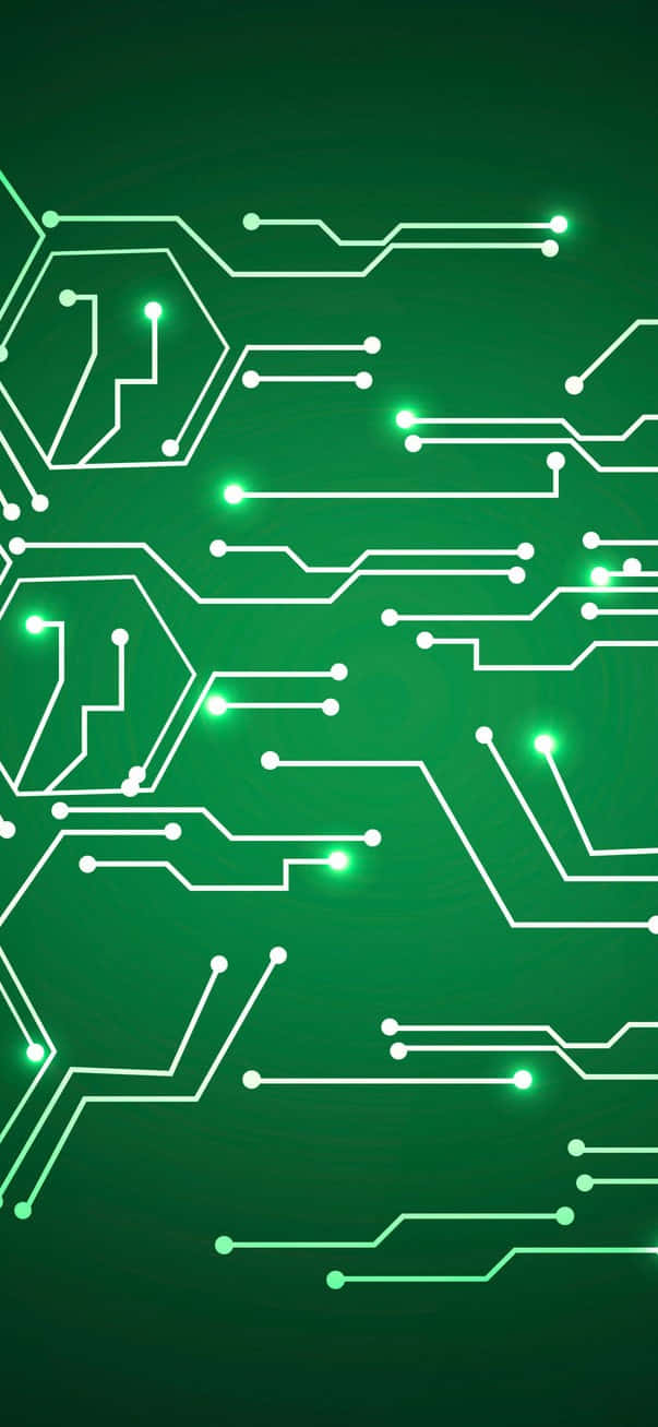 Green Technology 桌布 壁紙 — 發光綠色電路板路徑，帶有明亮節點，背景為深綠色漸變。
