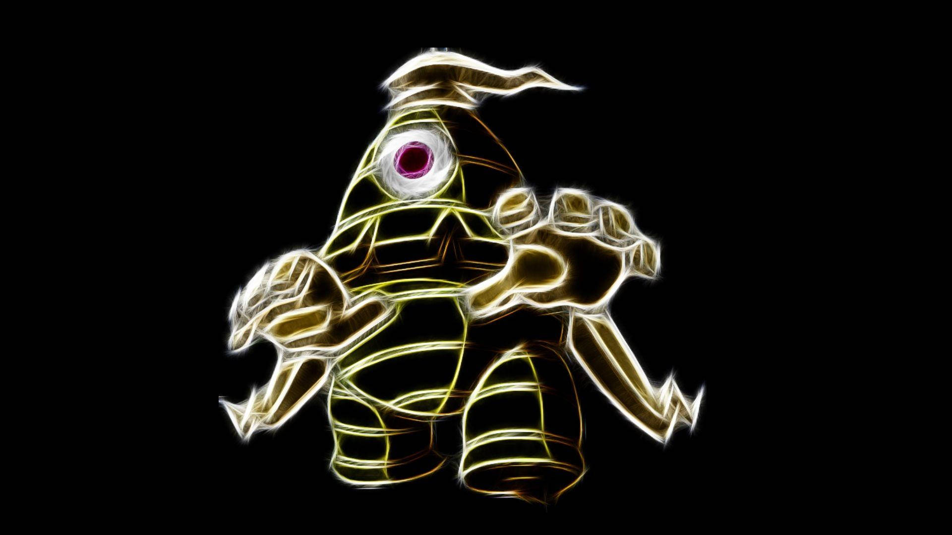 發光金色木乃伊生物，有一隻紫色眼睛，黑色背景