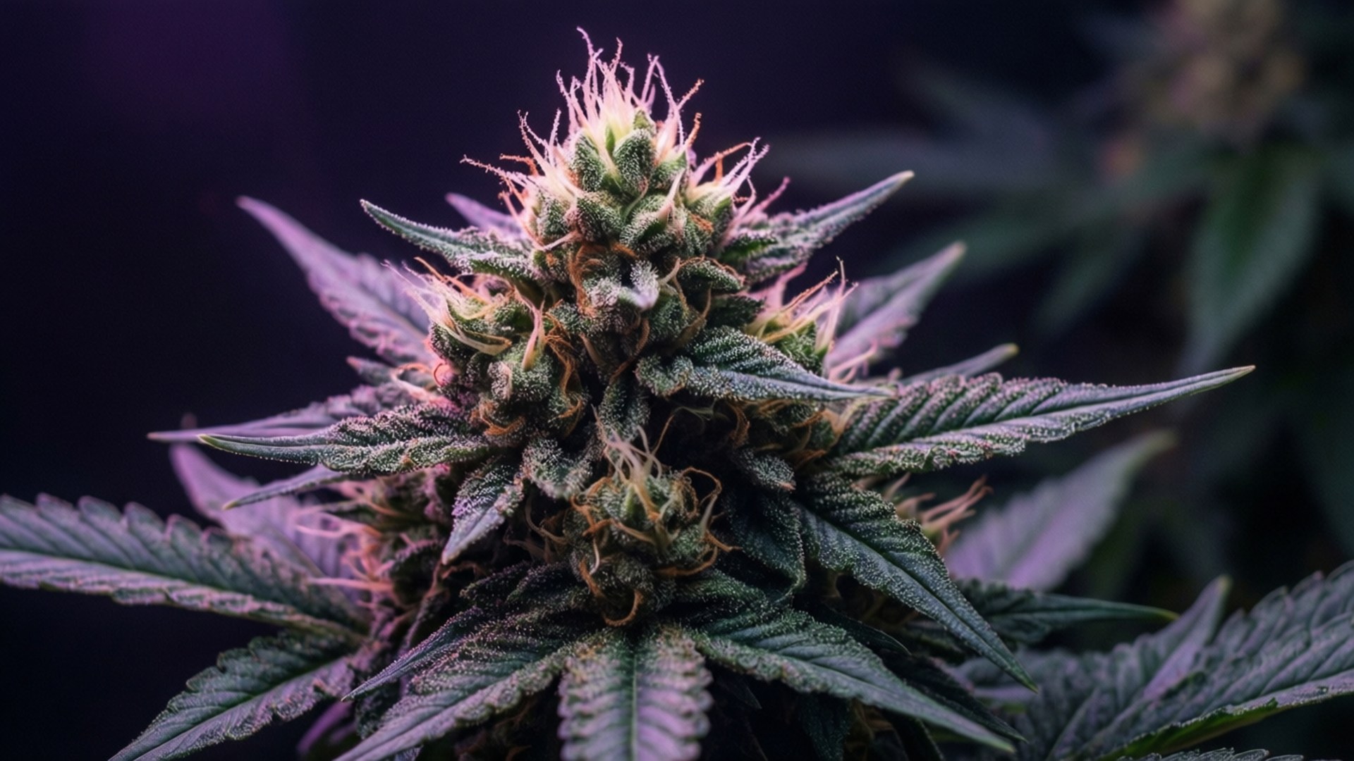 發光腺毛微距 壁紙 — 緊密的大麻花蕾特寫，帶有鮮綠色葉片和發光的橙色雌蕊，背景為深紫色。