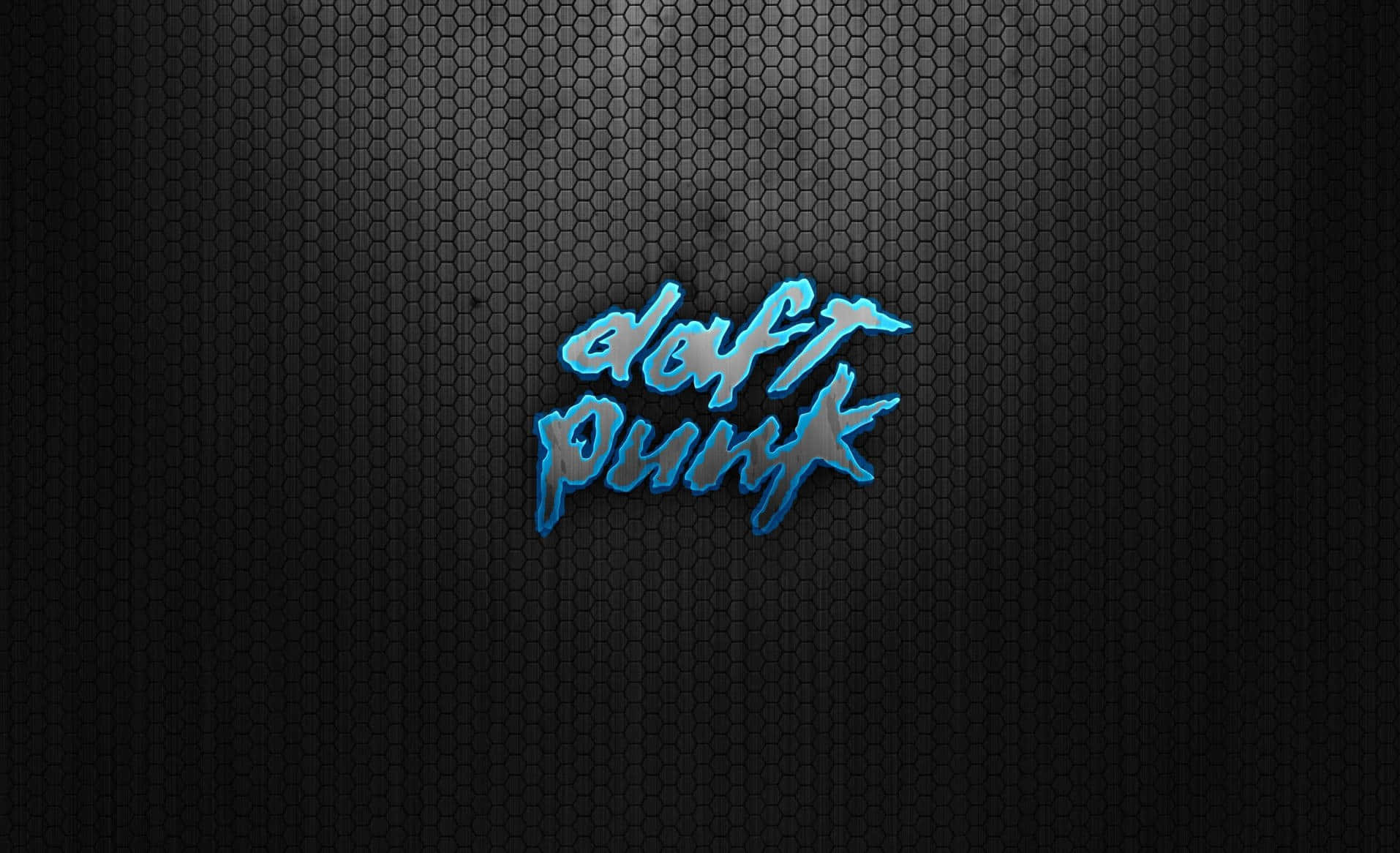 punk 桌布 壁紙 — 發光藍色 'Daft Punk' 標誌，位於深色六角網格背景上，帶有微妙的燈光漸變。