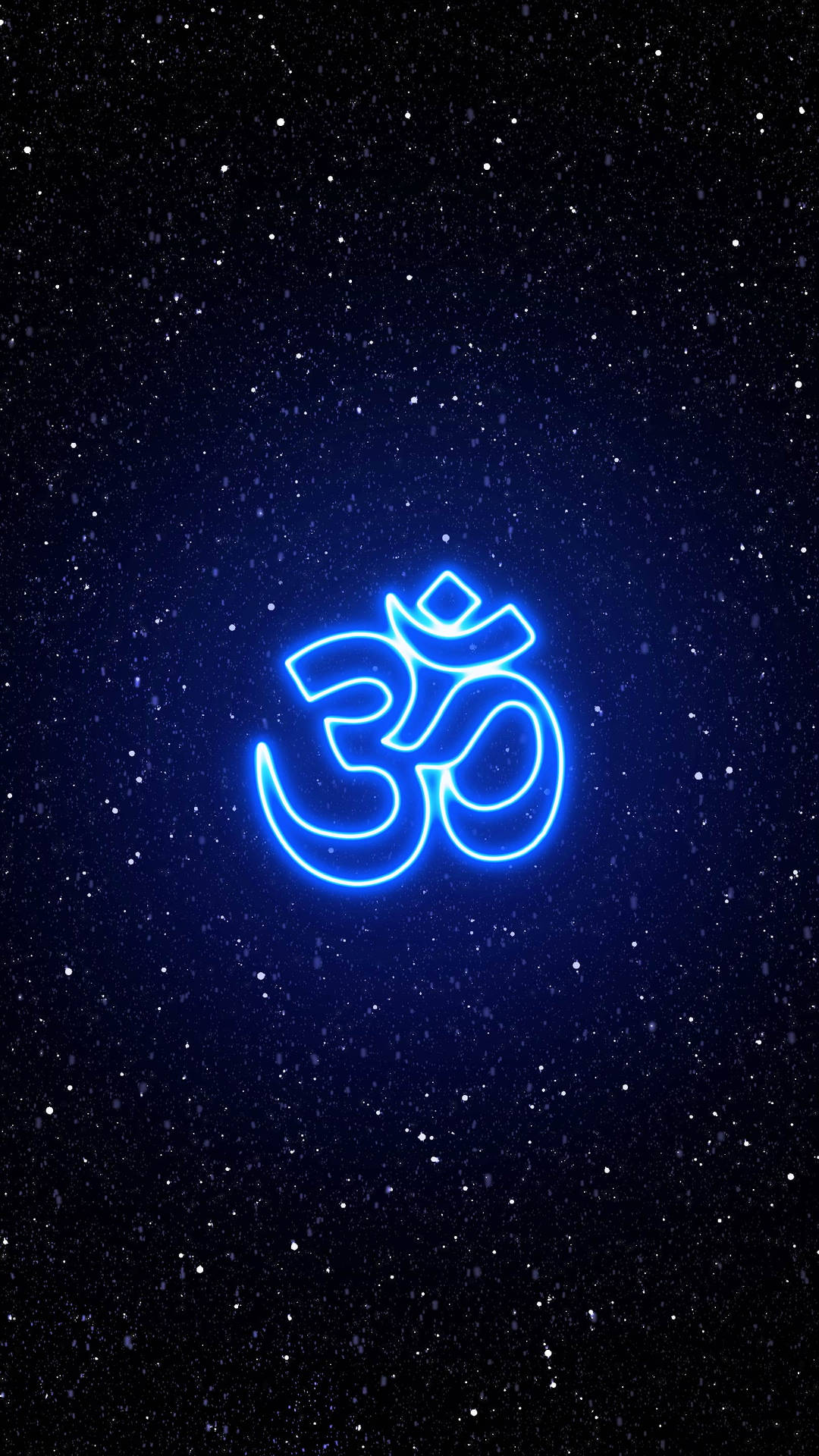在星空夜空中發光的霓虹藍色 Om 符號。