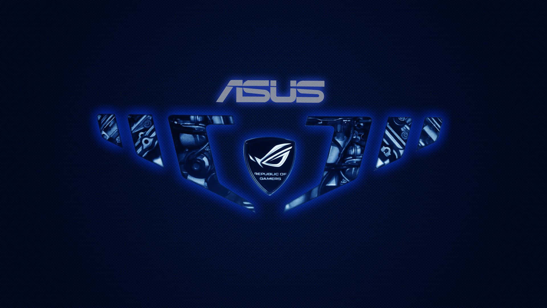 Cool Gaming 桌布 壁紙 — 發光藍色ASUS ROG標誌，帶有機械細節，置於深色紋理背景上。