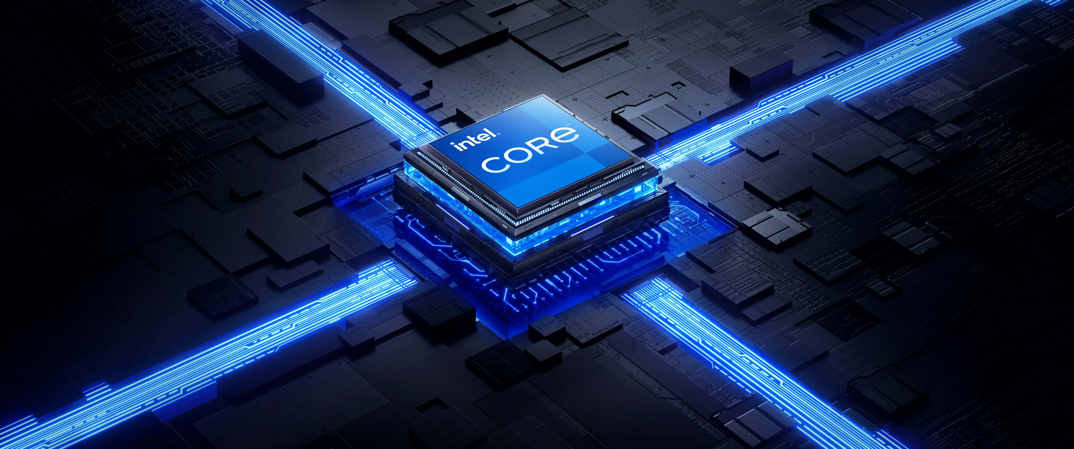 3d Technology 桌布 壁紙 — 發光藍色Intel Core處理器置於深色電路板中央，帶有向外輻射的能量線條。