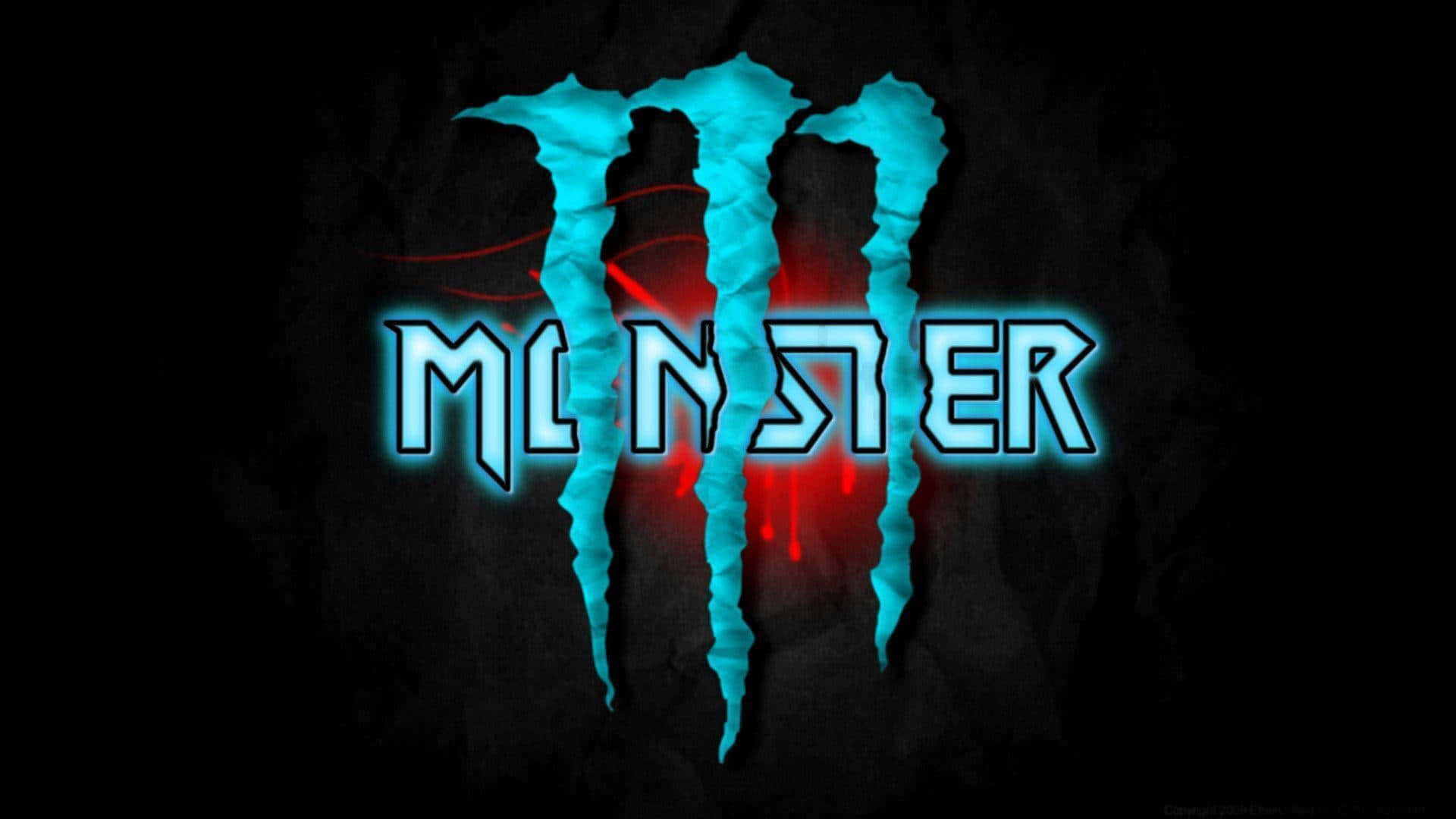 Monster Energy 桌布 壁紙 — 發光藍色Monster Energy標誌，帶有紅色刮痕，位於深色紋理背景上。