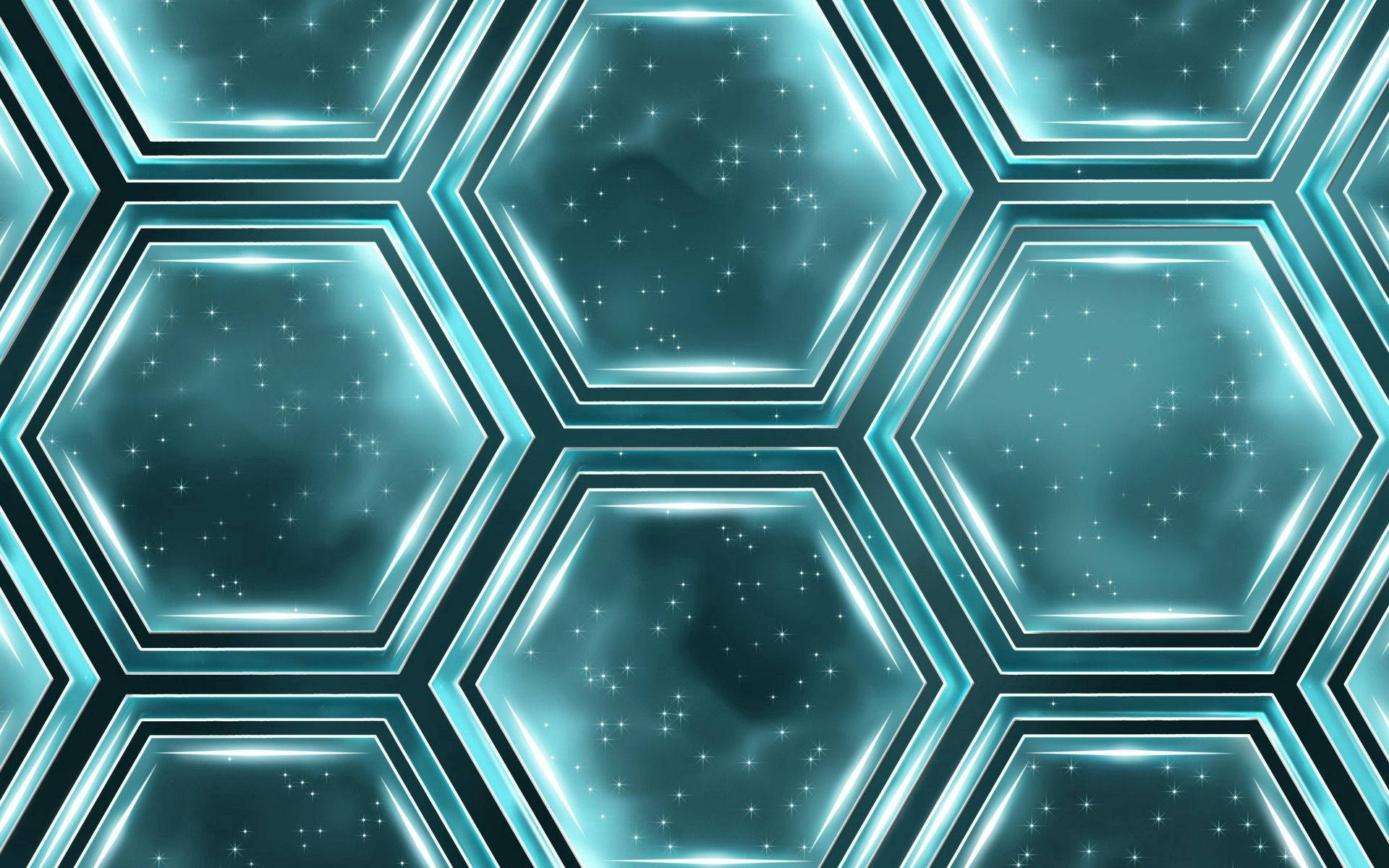 未來感的六邊形網格，帶有發光的青色邊框，框出星空宇宙場景。