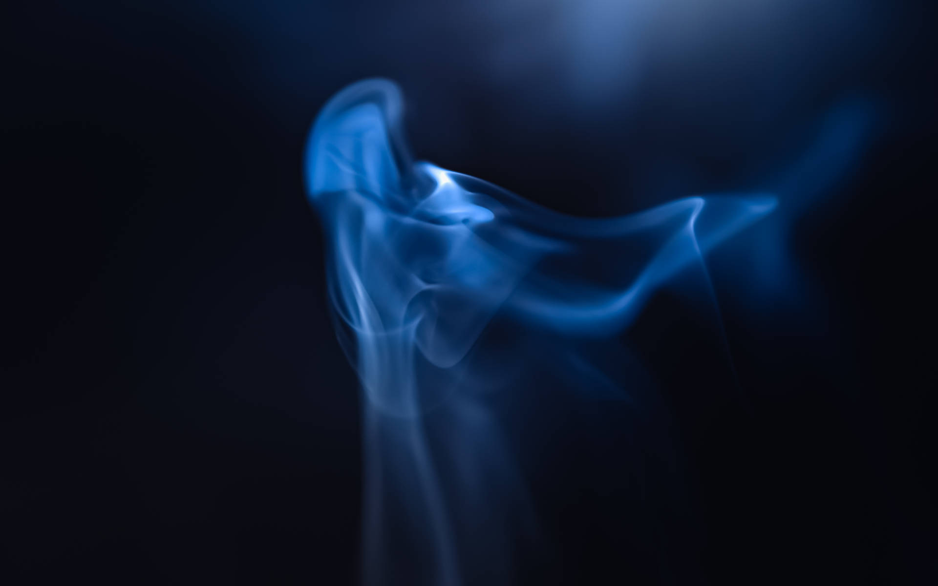 藍色煙霧在黑暗中旋轉，形成平靜的抽象圖案。