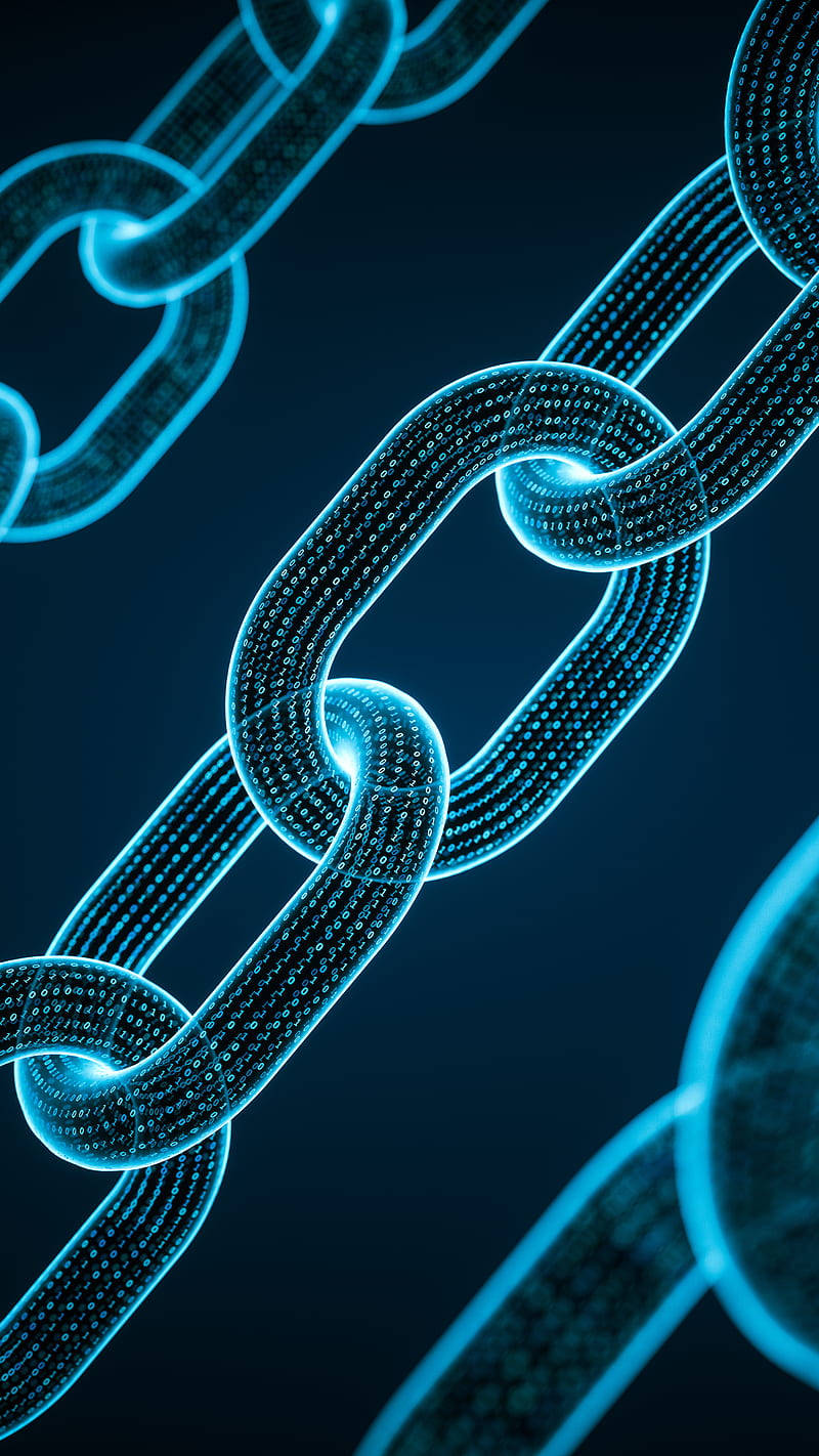 Blockchain 桌布 壁紙 — 發光藍色數位鏈條連結，帶有像素化紋理，背景為深色。
