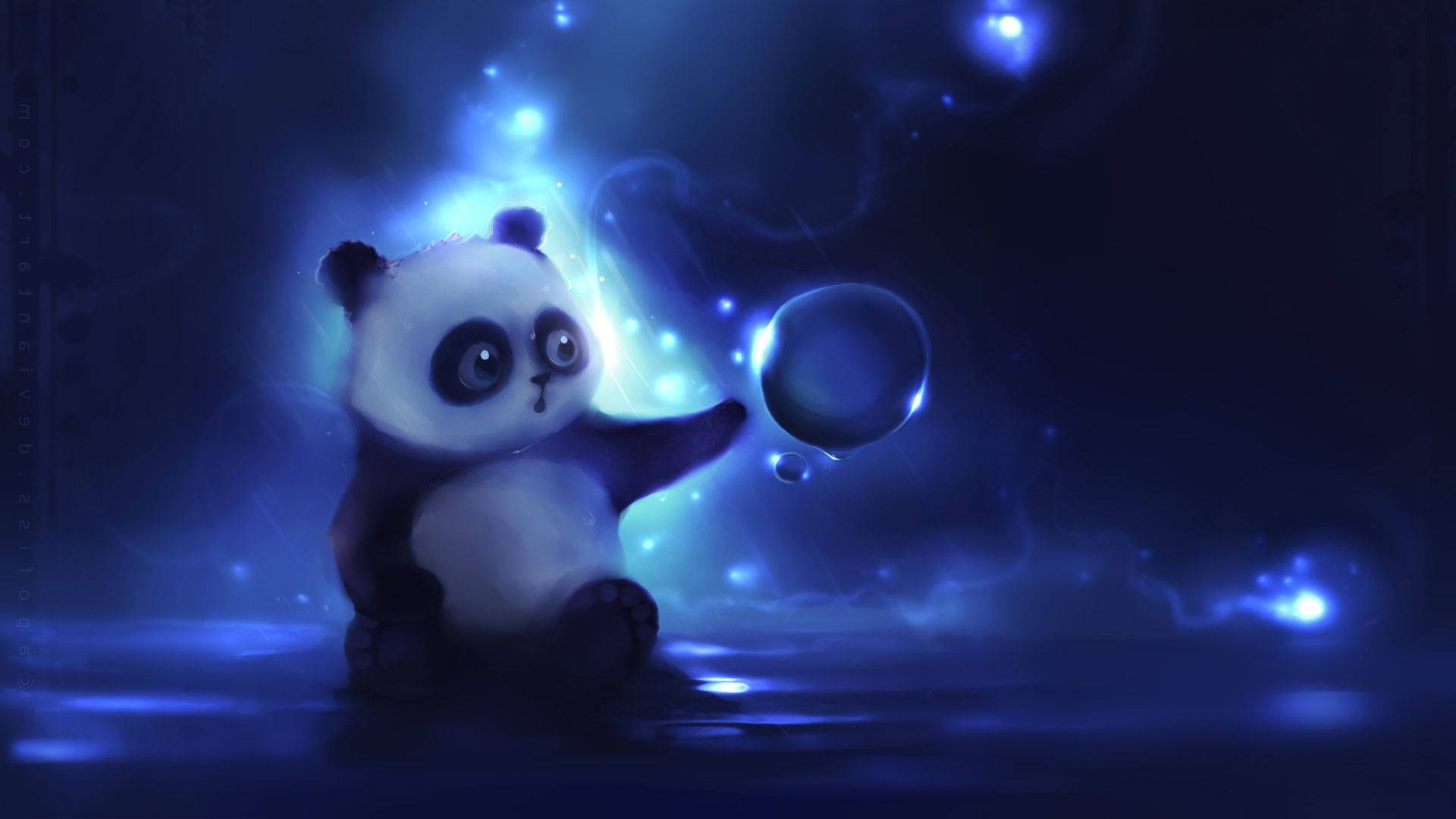 一隻發光的藍色熊貓寶寶在神秘的水中伸手觸摸泡泡。