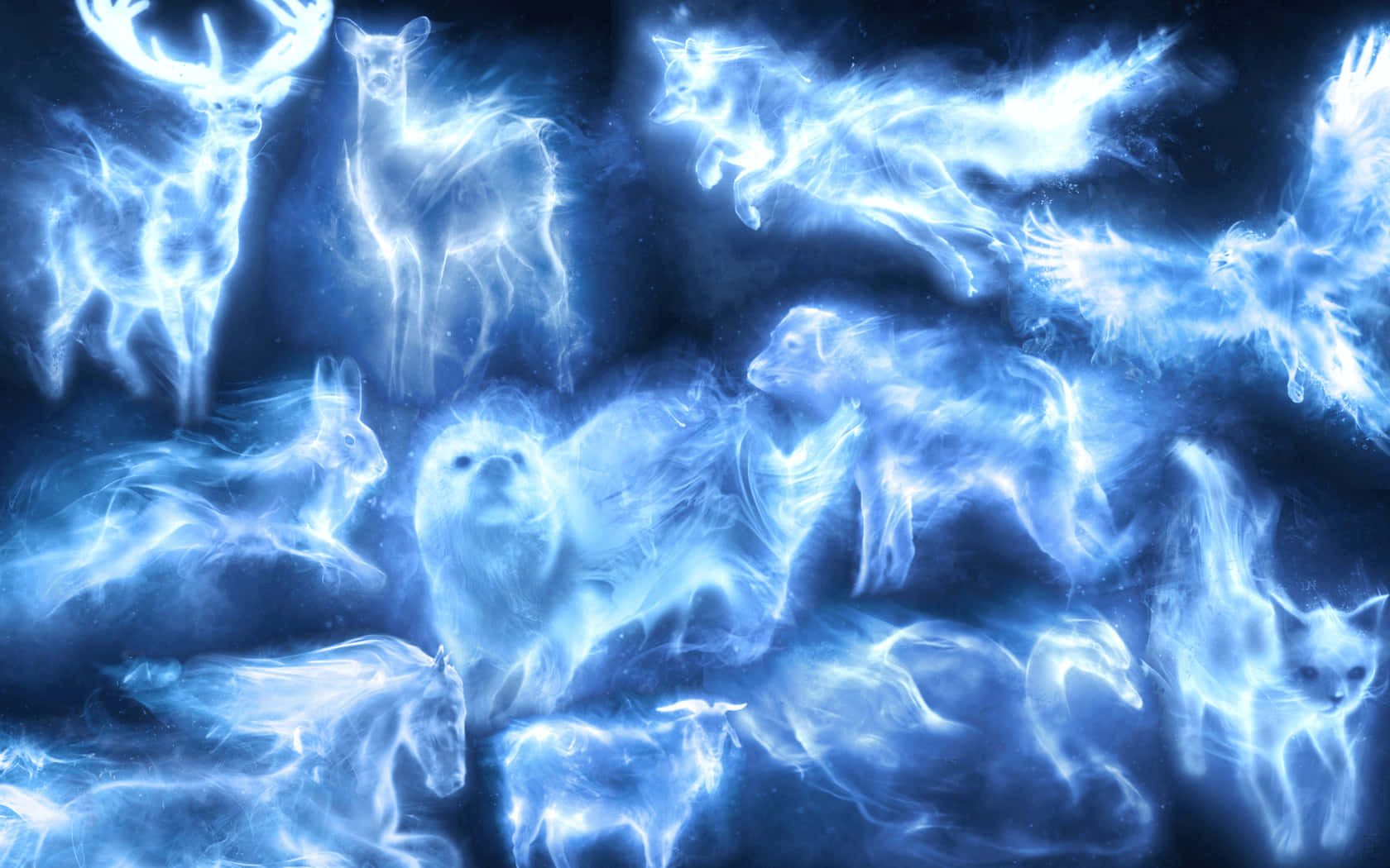 Patronus 桌布 壁紙 — 發光藍色空靈動物，如鹿、兔子和貓，在黑暗的宇宙空間中漂浮，帶有電能痕跡。