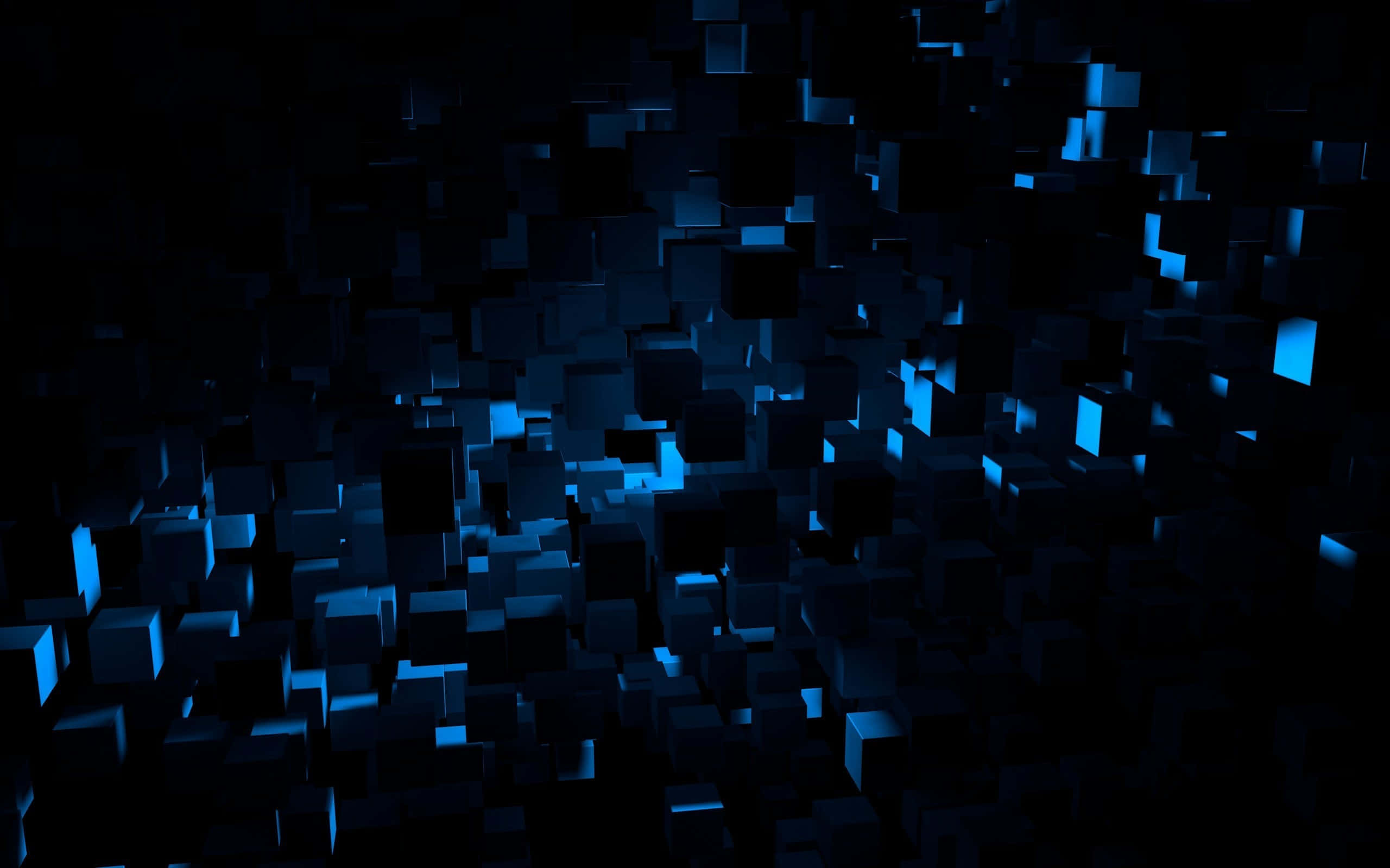 3d Abstract 桌布 壁紙 — 發光藍色立方體的場域漂浮在深邃黑暗中，營造出未來數位抽象場景。