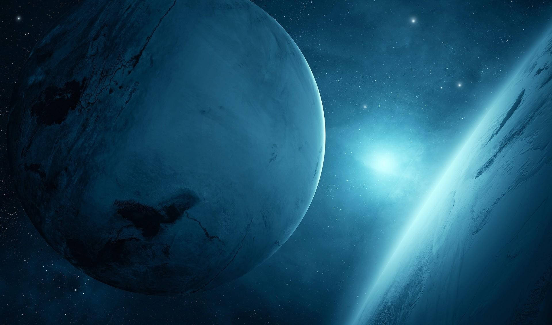 兩顆冰藍色行星漂浮在滿是星辰的空間中，伴隨著一團發光的星雲。