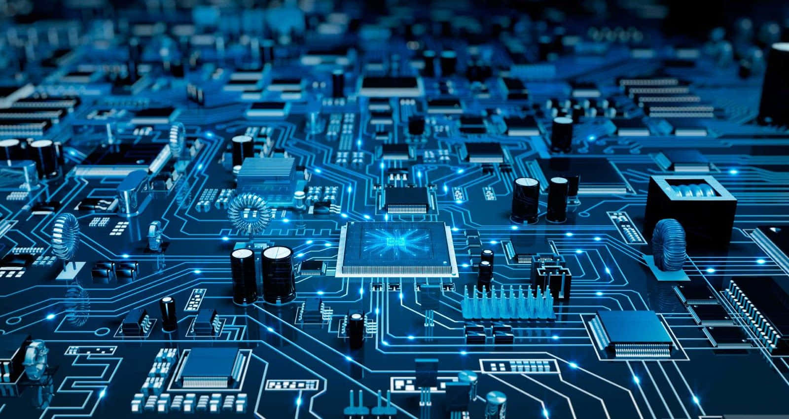 Electronics 桌布 壁紙 — 發光藍色電路板的特寫，帶有複雜的路徑和發光的組件。