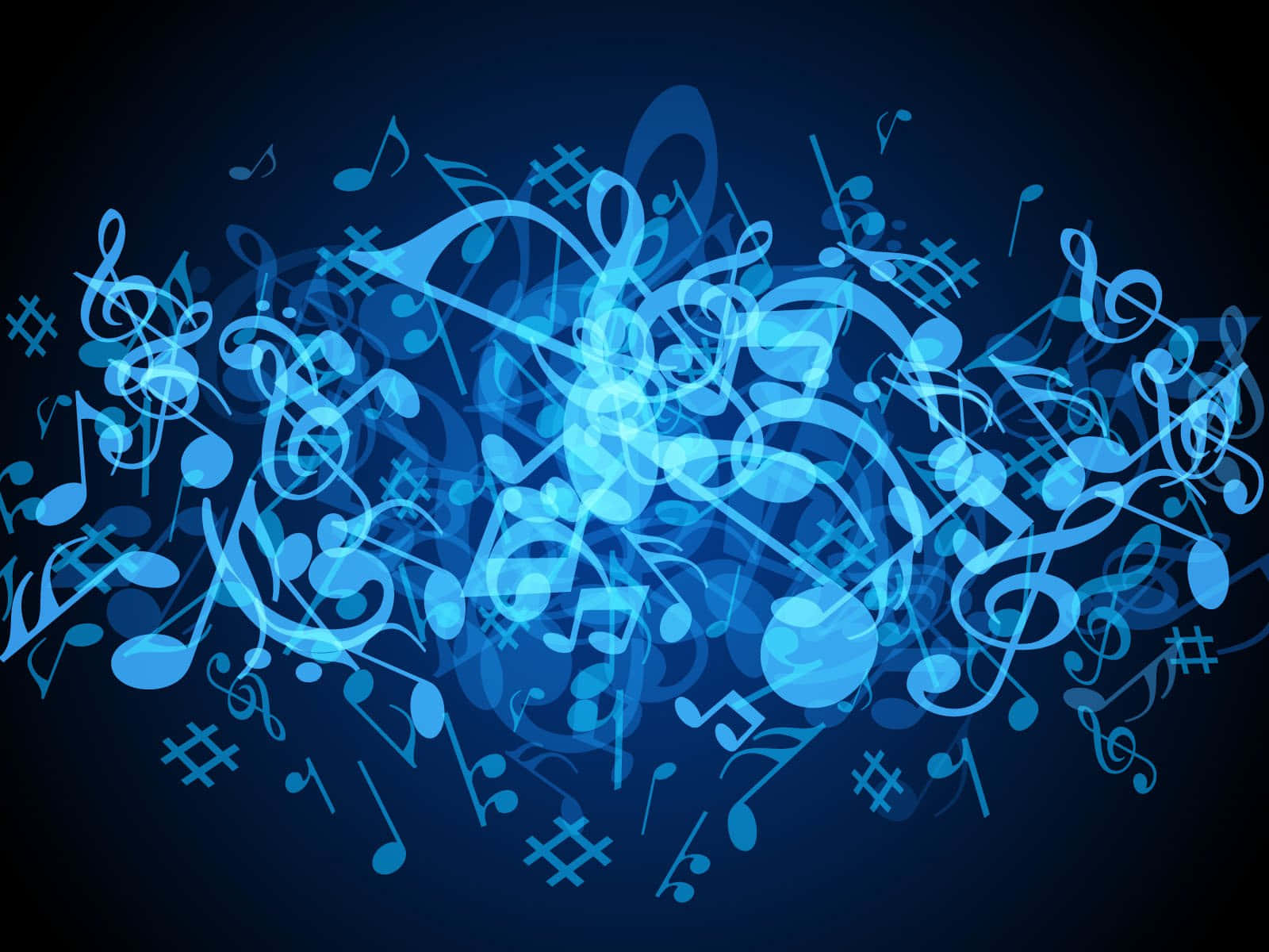 Musical 桌布 壁紙 — 發光藍色音符和符號的動態漩渦在深色背景上放射出來。