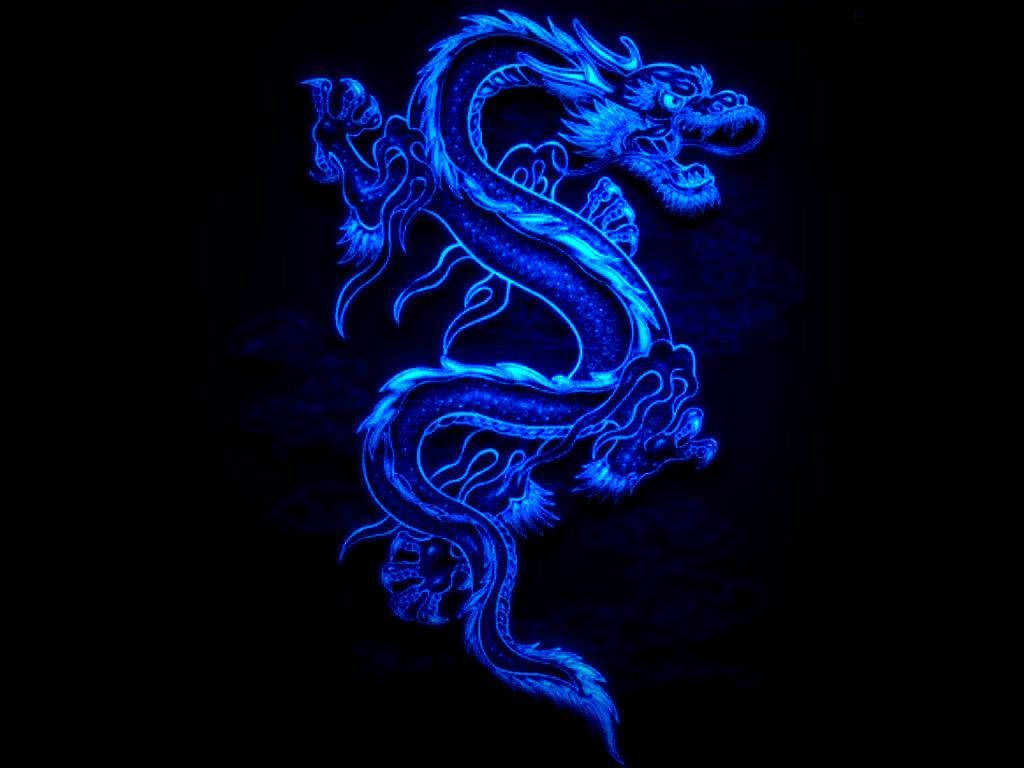 發光的藍色龍，帶有複雜的鱗片，在黑色背景上。