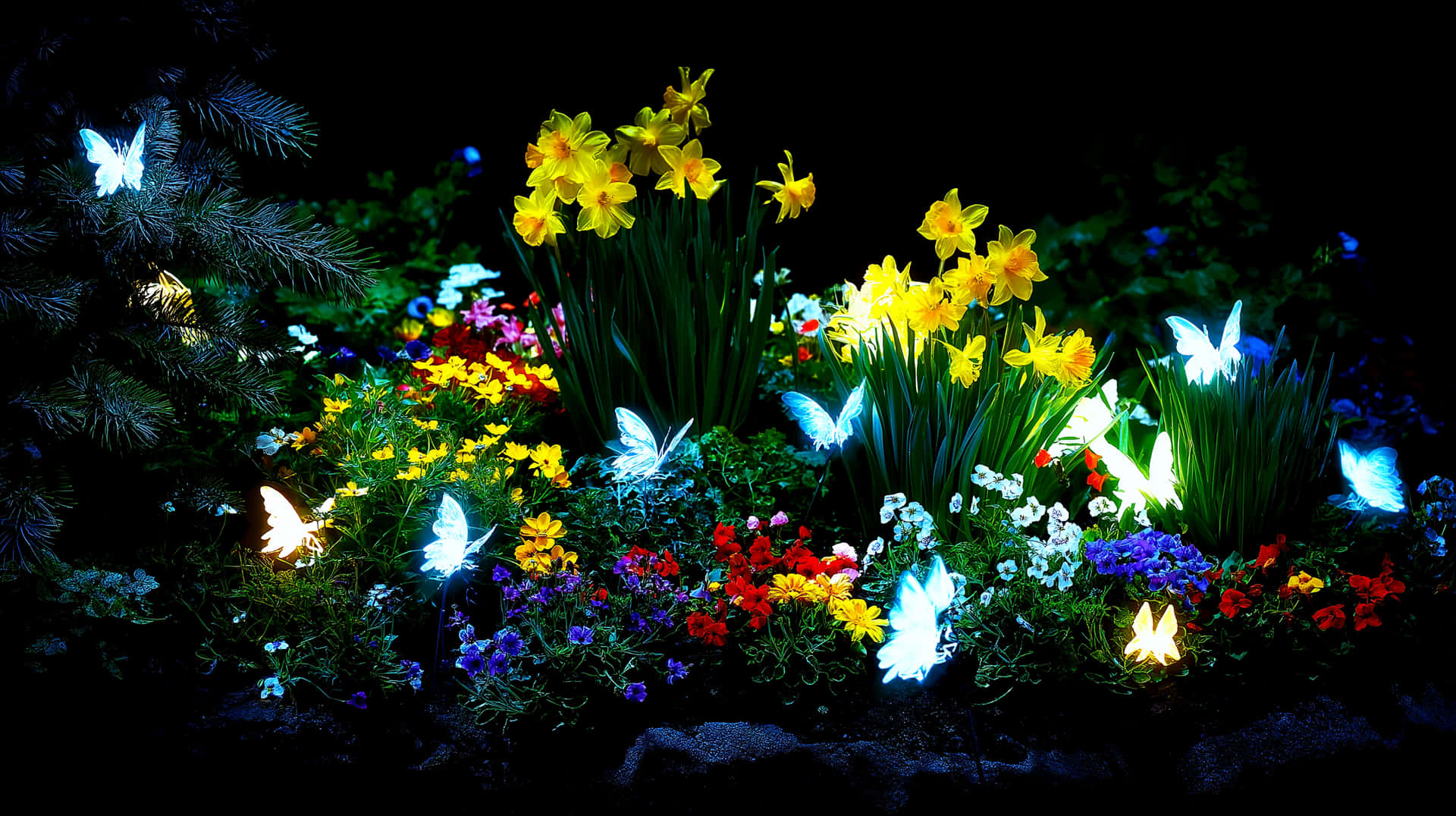 夜晚的花園，發光的花朵和蝴蝶燈。