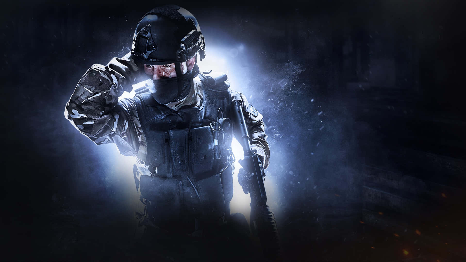 發光軍人《反恐精英：全球 Offensive》1080p 壁紙 — 一名身穿戰術裝備的士兵在黑暗骯髒的環境中，背對明亮背光形成剪影。