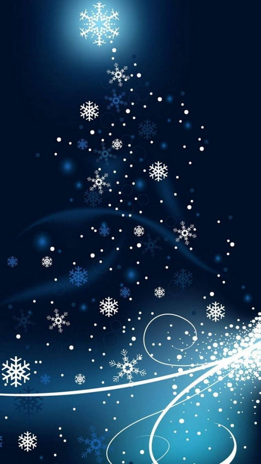 發光雪花聖誕 iPhone 壁紙 — 在深藍色漸變背景上，由發光的雪花和旋轉的光跡形成的風格化聖誕樹。