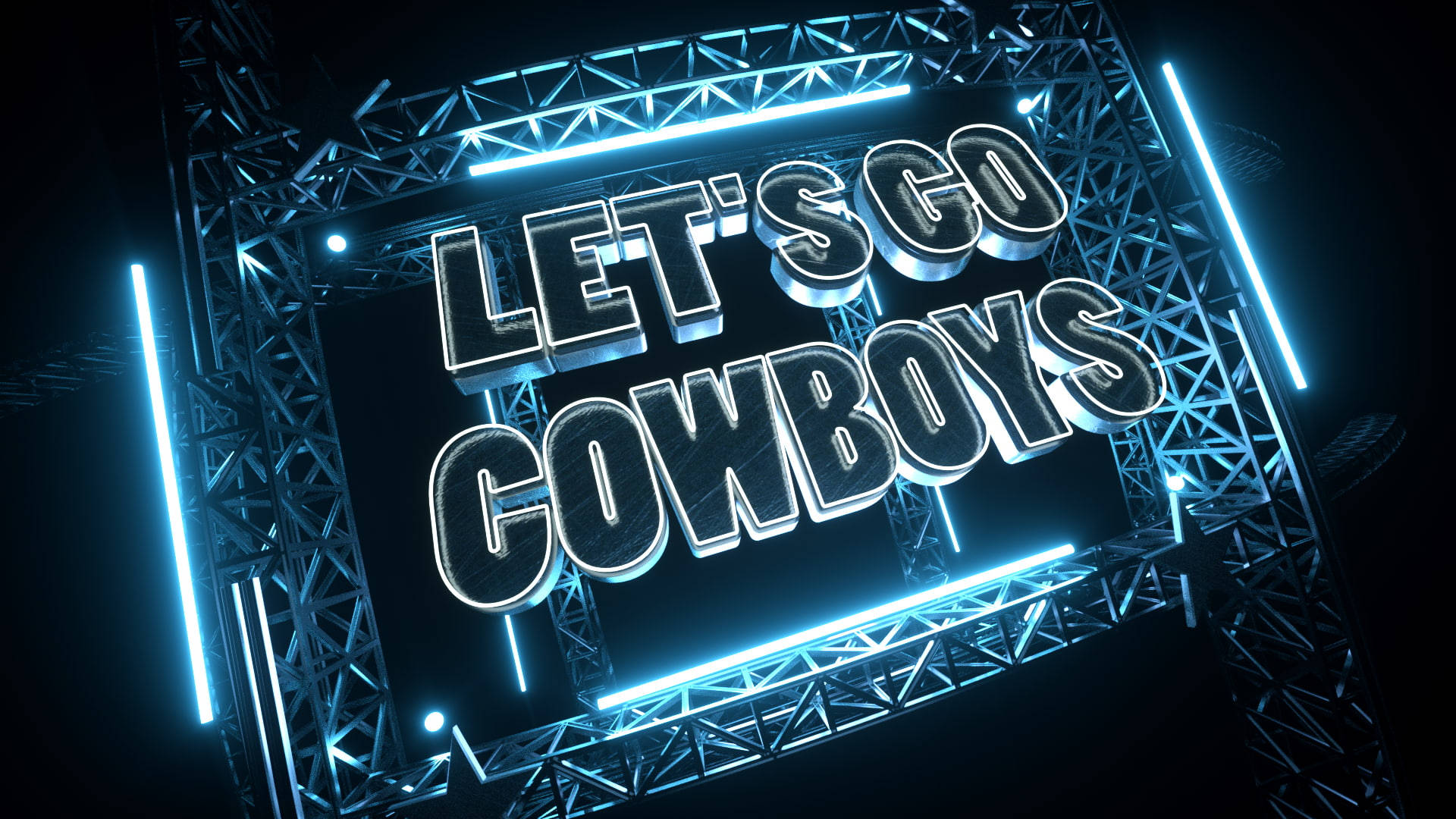牛仔 桌布 壁紙 — 發光霓虹燈牌寫著 LET'S GO COWBOYS，由發光的桁架結構框住，背景為深色。