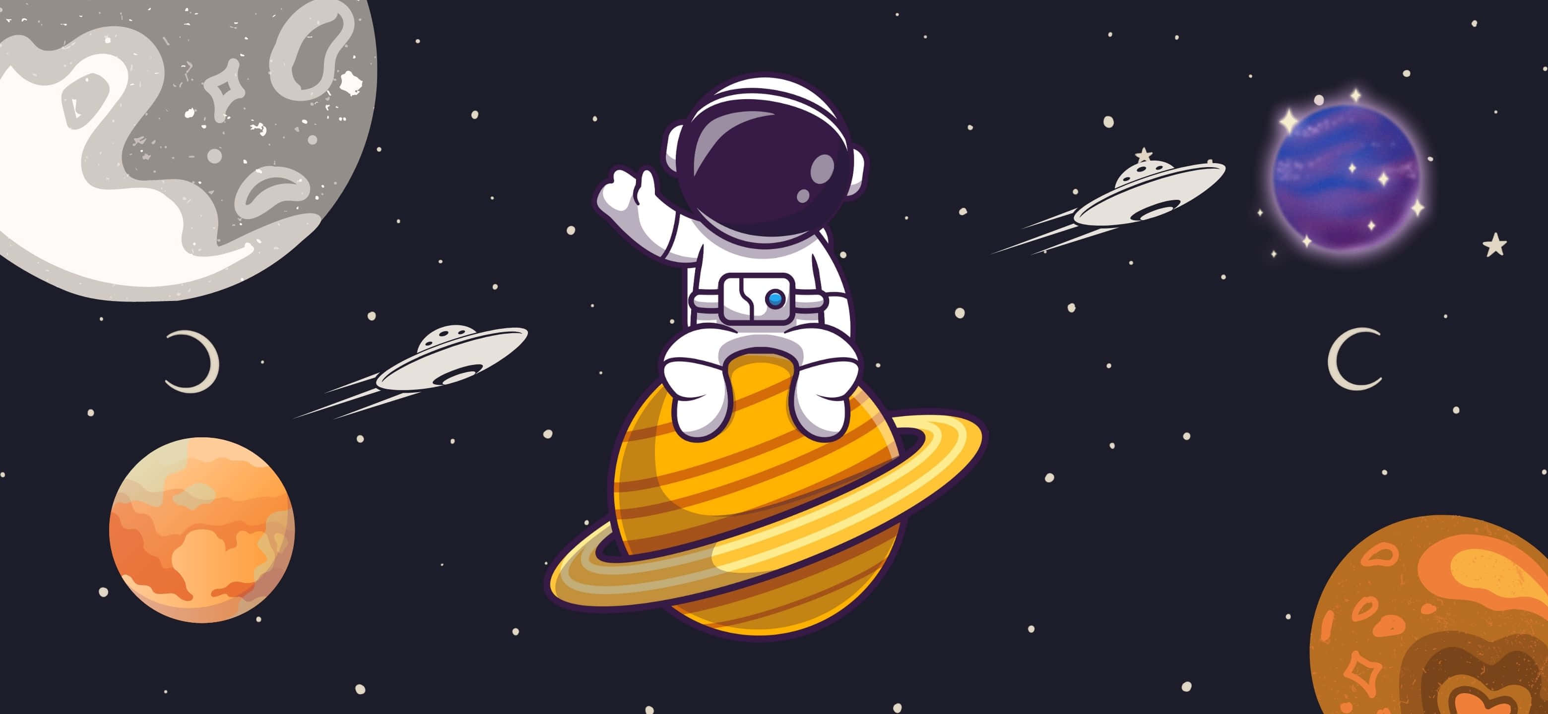 發光霓虹球 壁紙 — 一個可愛的卡通太空人在一個黃色環狀行星頂部揮手，周圍是色彩繽紛的行星和UFO，背景是星空太空場景。