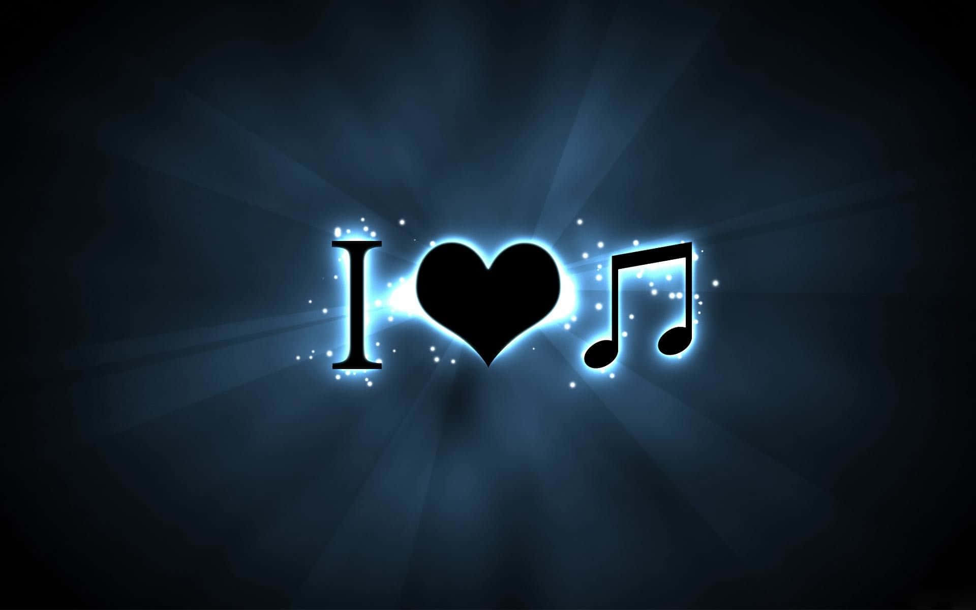 在深色背景上發出耀眼藍光的 I heart music 發光符號