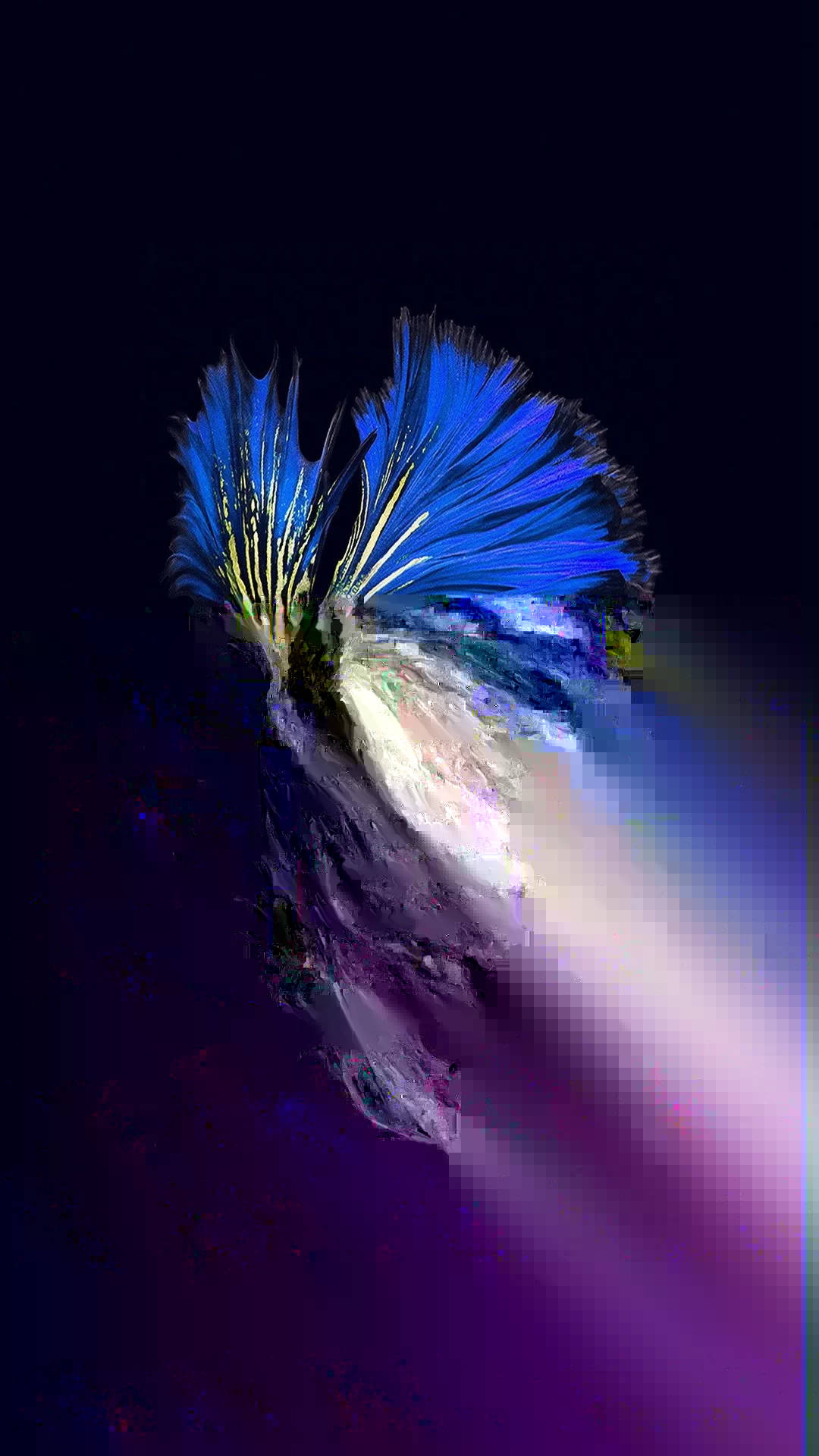 發光魚 iPhone 壁紙 — 一隻充滿活力的藍色羽毛生物，帶著發光的痕跡，劃過黑暗的宇宙虛空。