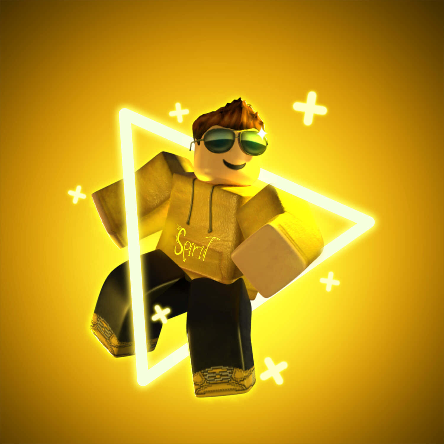 發光黃色 Roblox 頭像 壁紙 — 一個戴著太陽眼鏡和連帽衫的Roblox虛擬角色在金色背景上的霓虹三角形內發光。