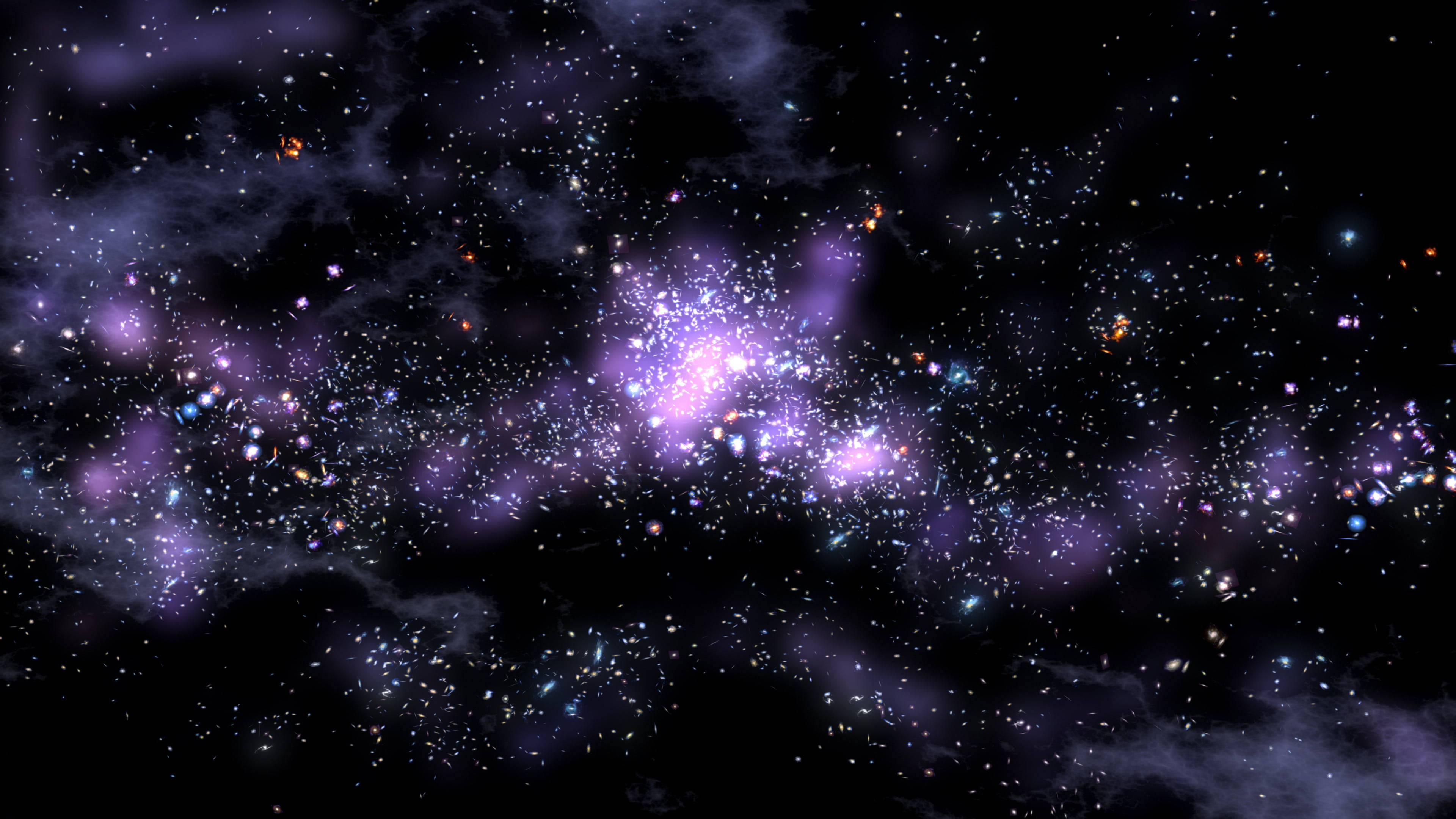 發光黑紫風格抽象藝術 壁紙 — 一個宇宙星雲在深邃的黑色虛空中旋轉，充滿了鮮豔的紫色和藍色星星。