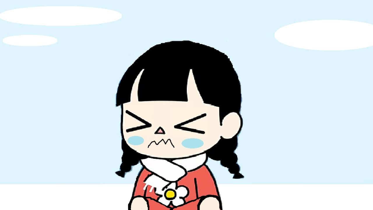 一個紮著孖辮、身穿紅色連衣裙和白色圍巾的生氣卡通女孩。