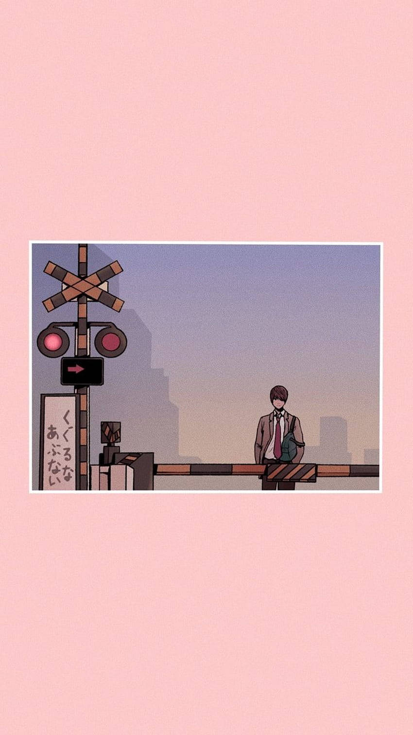 動漫男人穿西裝站在鐵路平交道欄杆上，日落時分。