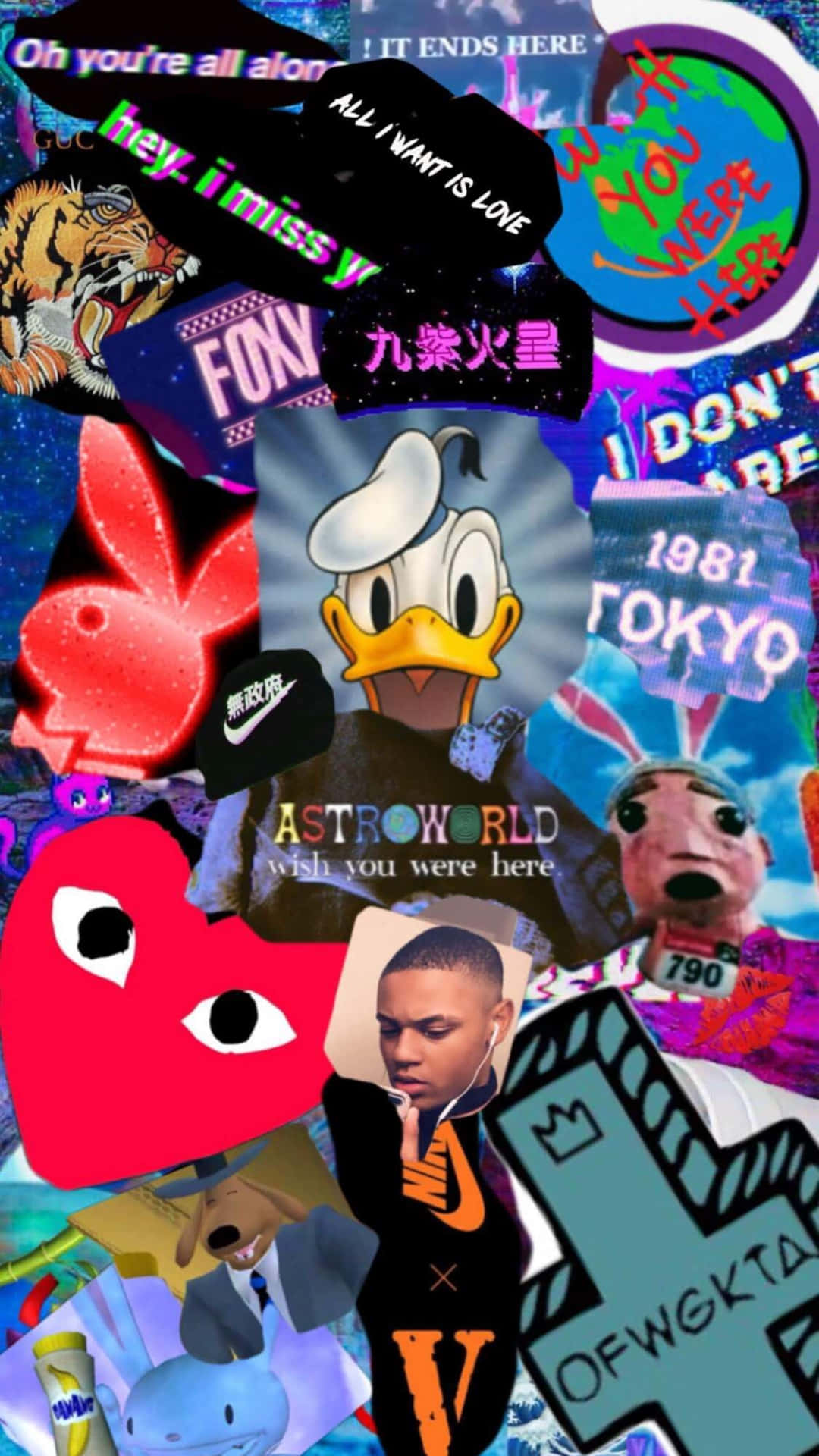 充滿活力的數碼拼貼， featuring 卡通角色、塗鴉文字和流行文化圖標。