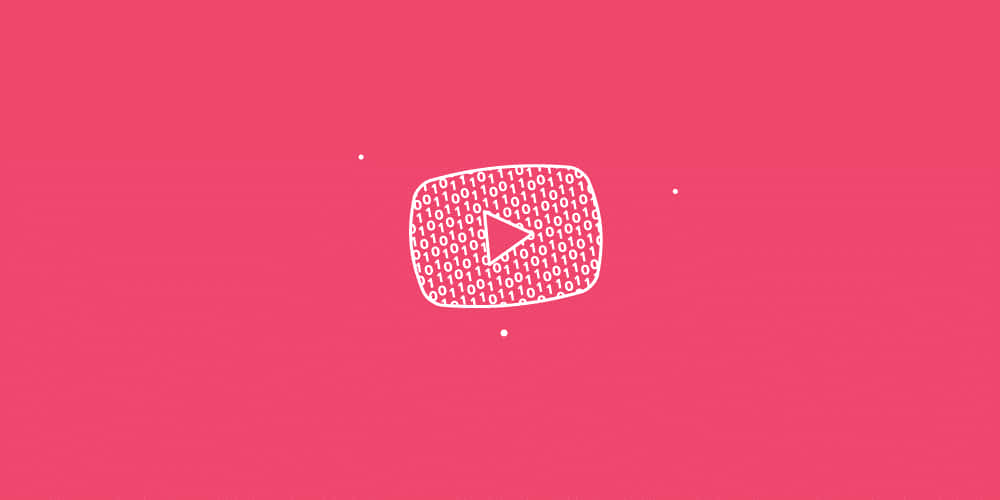 發揮創意：在YouTube製作影片 壁紙 — 一個白色外框的 YouTube 播放按鈕，內填二進制代碼，居中於純粉色背景上。