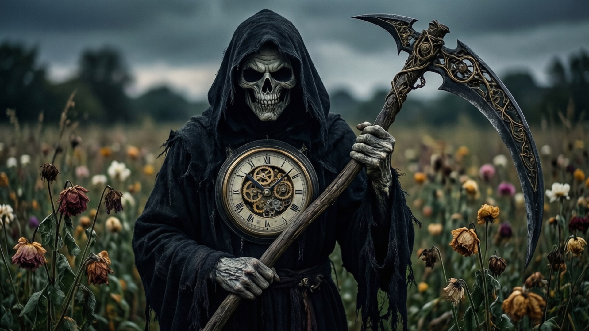 發條死神 壁紙 — 一個身穿黑色長袍的骷髏死神，在陰沉天空下的一片枯萎花朵中，手持一把華麗的鐮刀和一個蒸氣龐克時鐘。