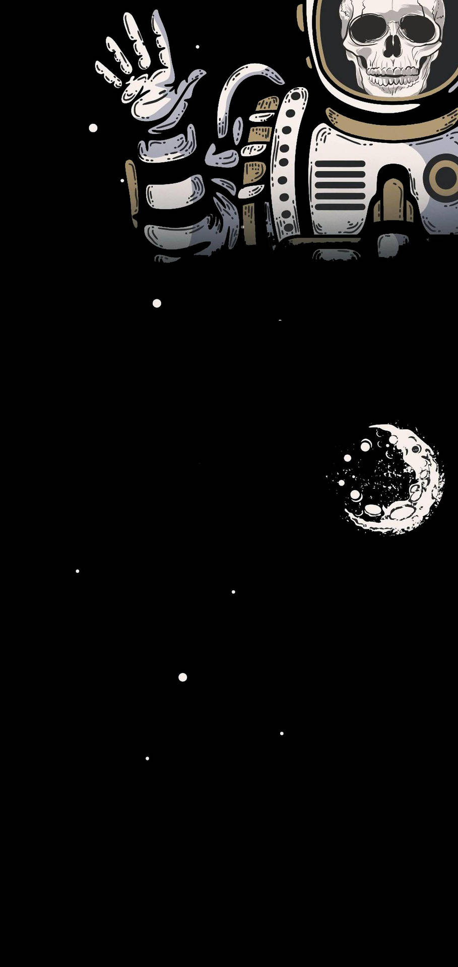 骷髏太空人在有月亮和星星的太空中揮手