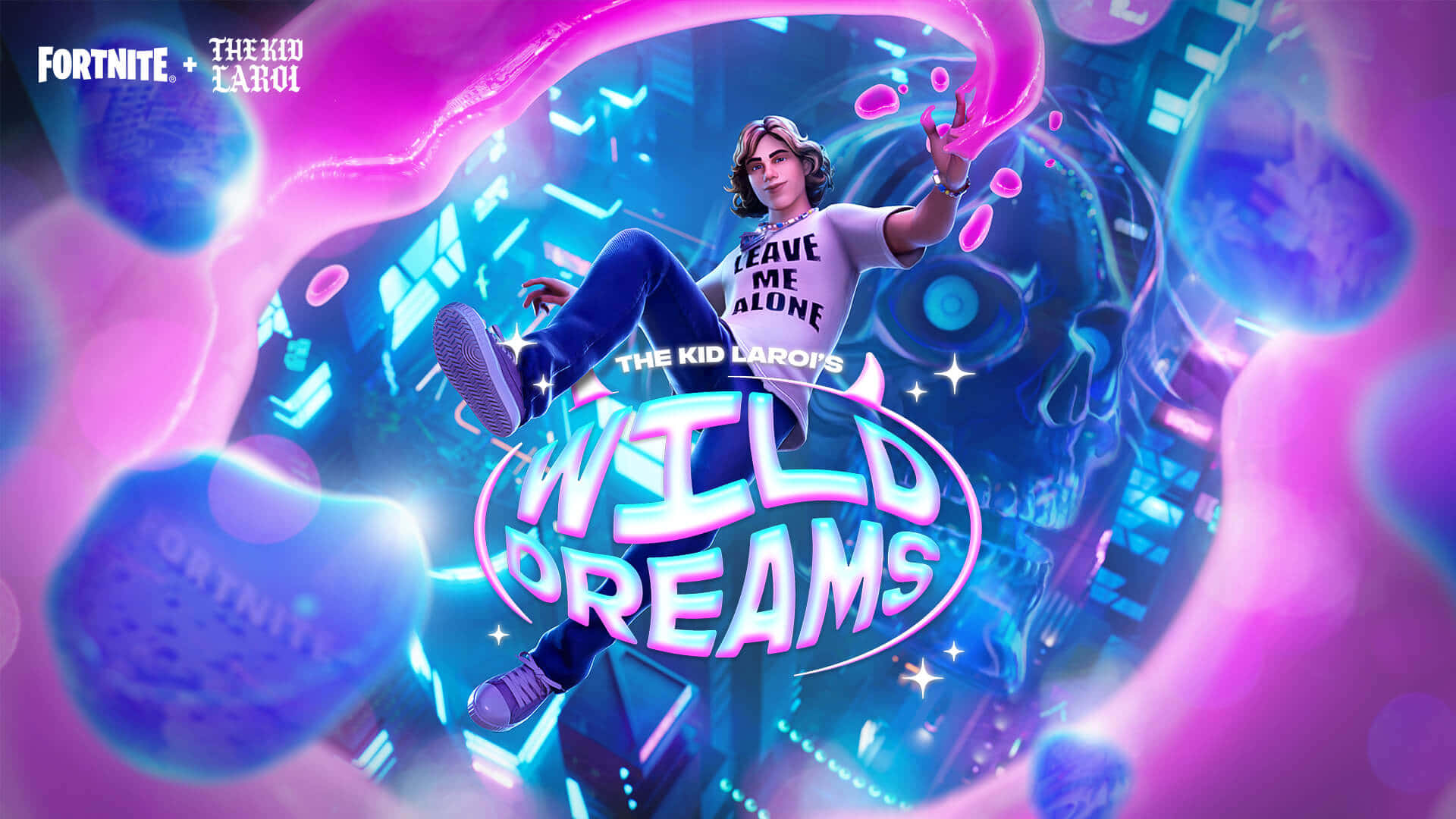 The Kid Laroi 在一個帶有發光泡泡和 'Wild Dreams' 文字的霓虹數位世界中。