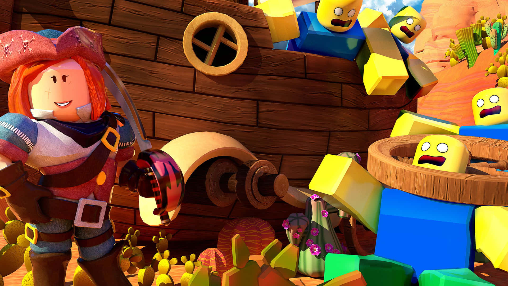Roblox 海盜持劍面對沙漠船上驚訝的方塊船員。