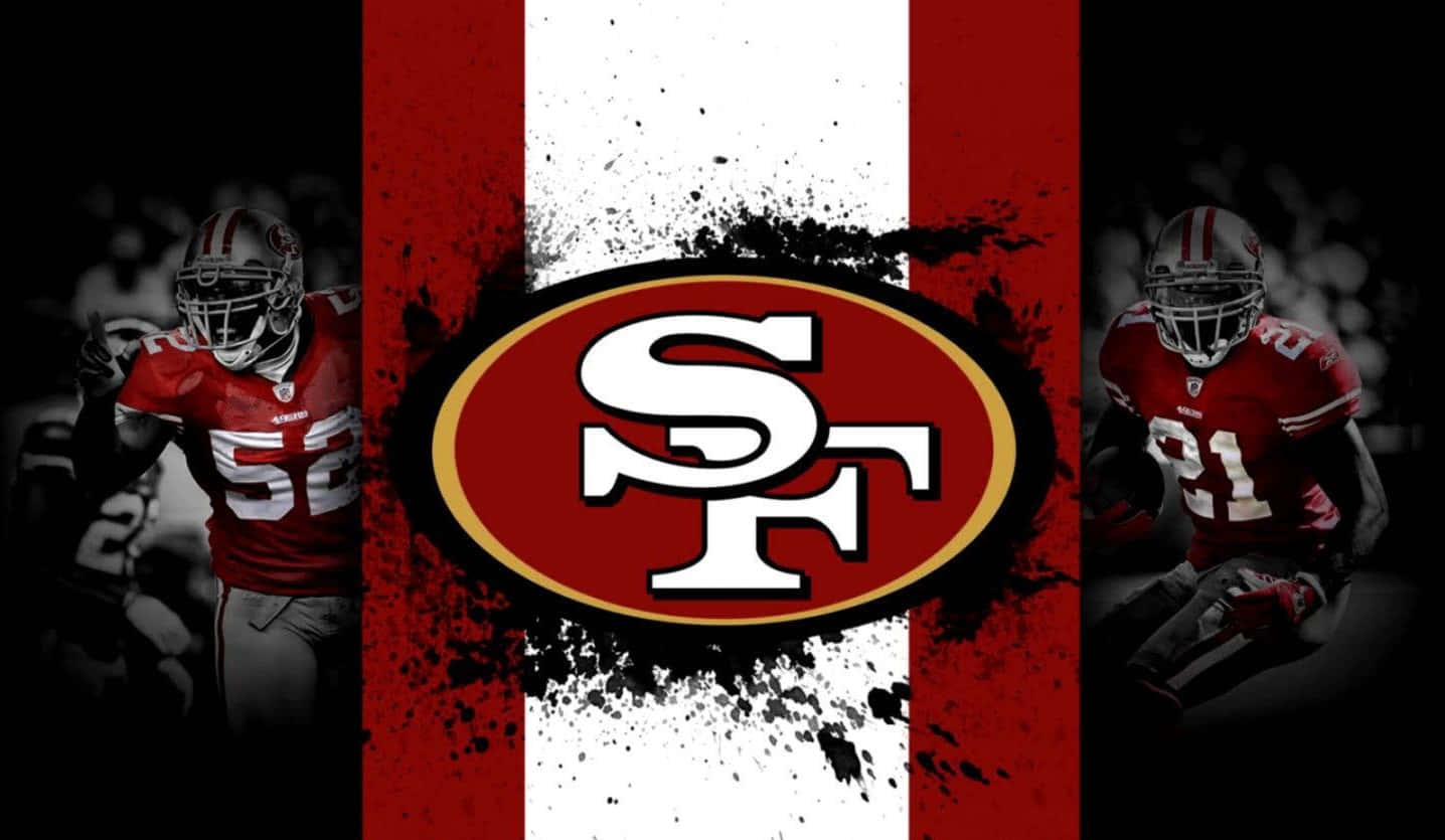 San Francisco 49ers 足球隊標誌，兩側有球員。