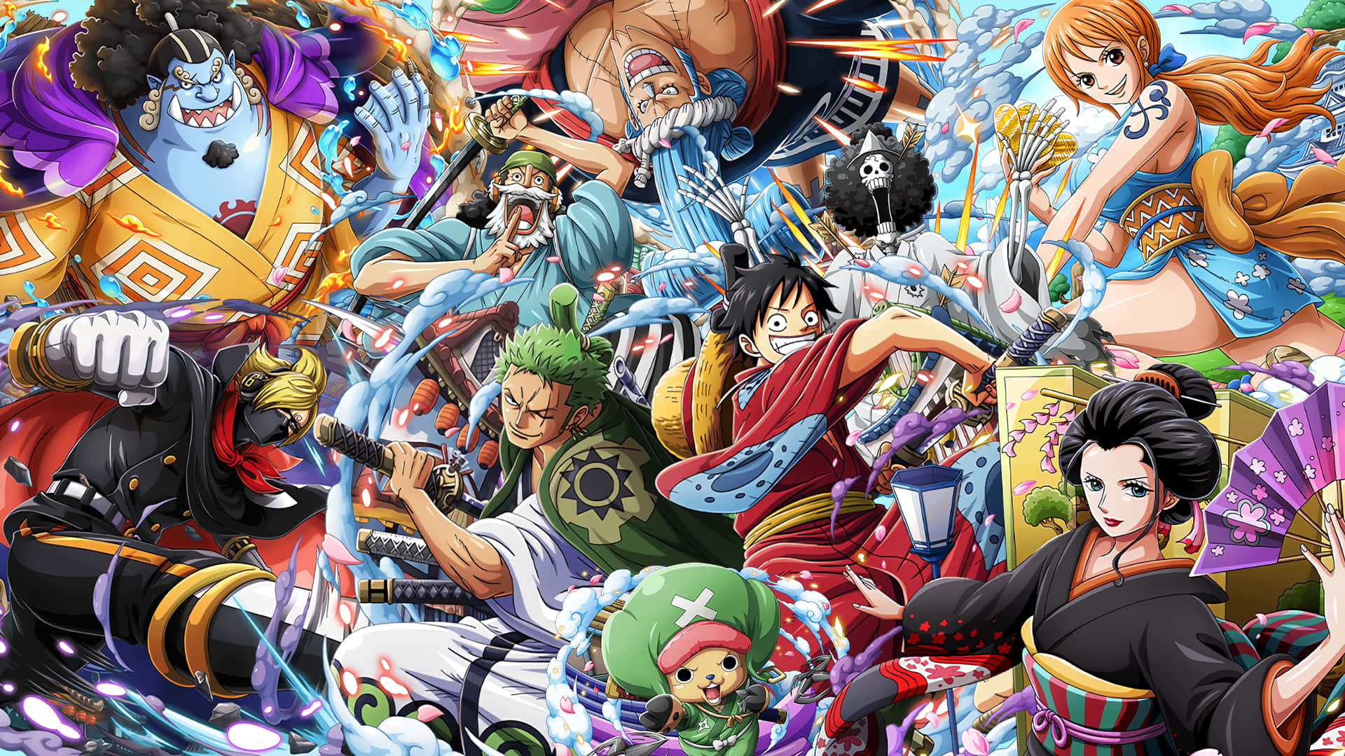《One Piece》動漫角色擺出動作姿勢，帶有色彩繽紛的能量效果。