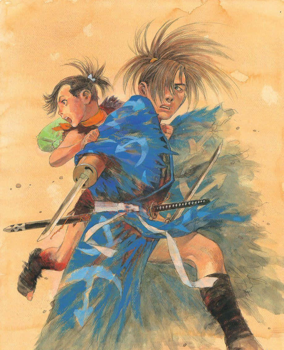 武士戰士在揮舞劍的同時抱著一個孩子。