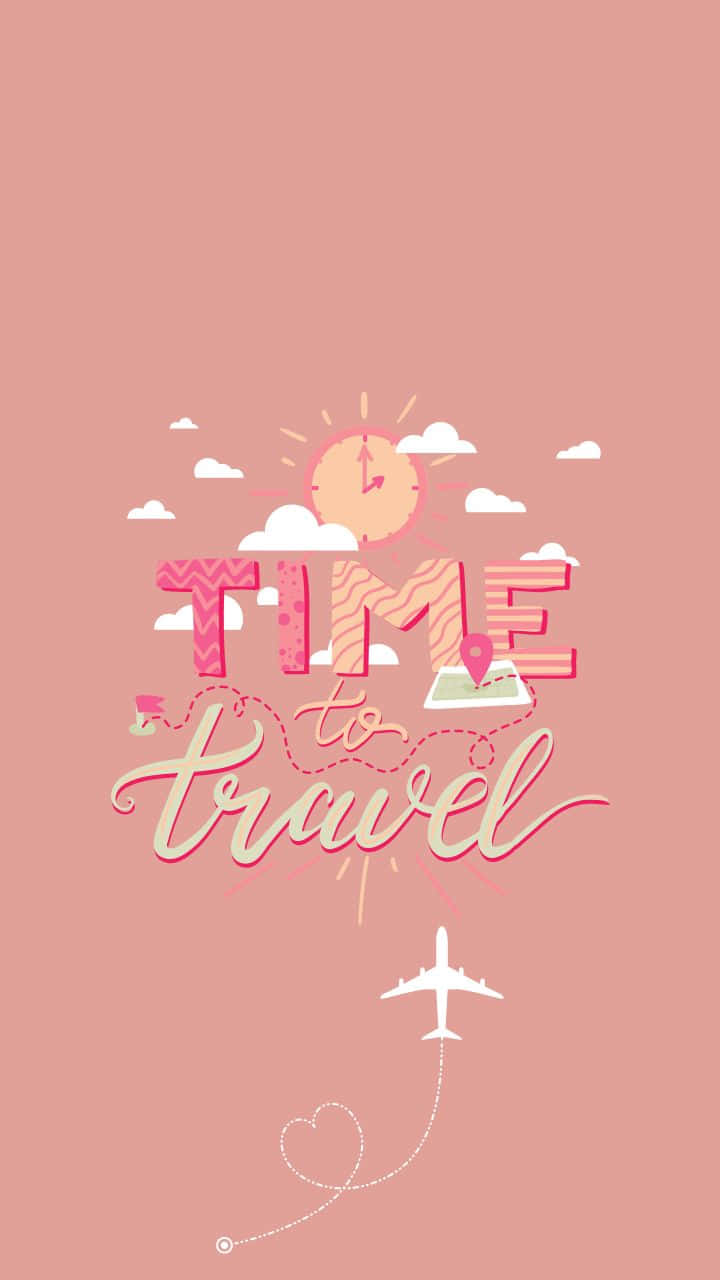 發現寧靜 - 鮮豔 720p 旅行背景 壁紙 — 粉紅色插圖圖形，上面有「TIME to travel」文字、太陽、雲朵，以及一架白色飛機在鮭魚色背景上拖曳出心形軌跡。