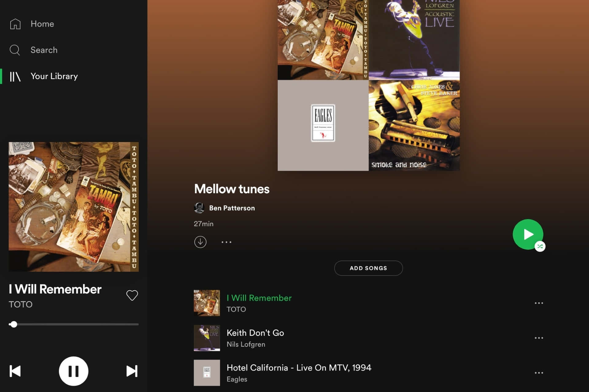 Spotify 播放清單畫面，顯示「Mellow tunes」，包含 Toto 和 Eagles 的歌曲。