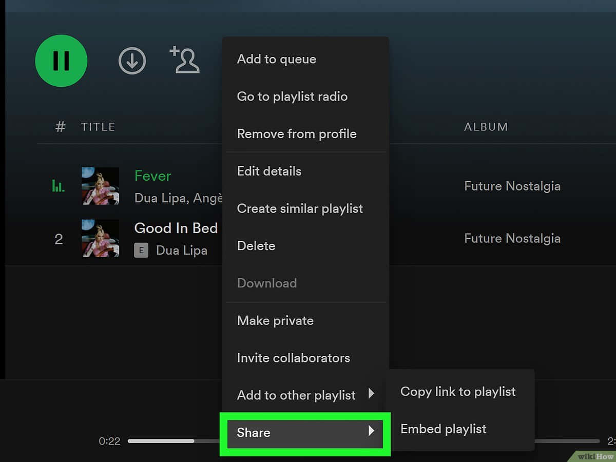 Spotify 音樂應用程式內容功能表，其中「分享」選項突出顯示。