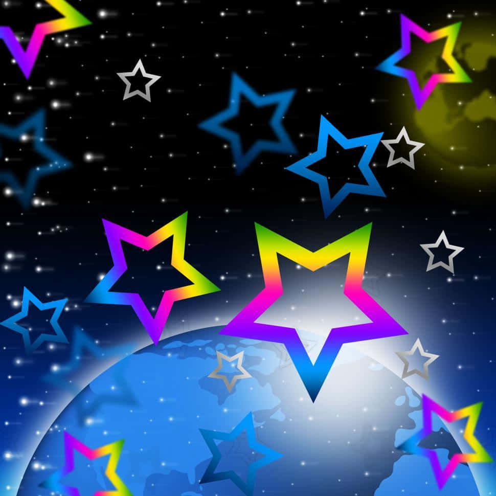 彩虹星星在繁星點點的夜空中環繞一顆藍色行星運行。