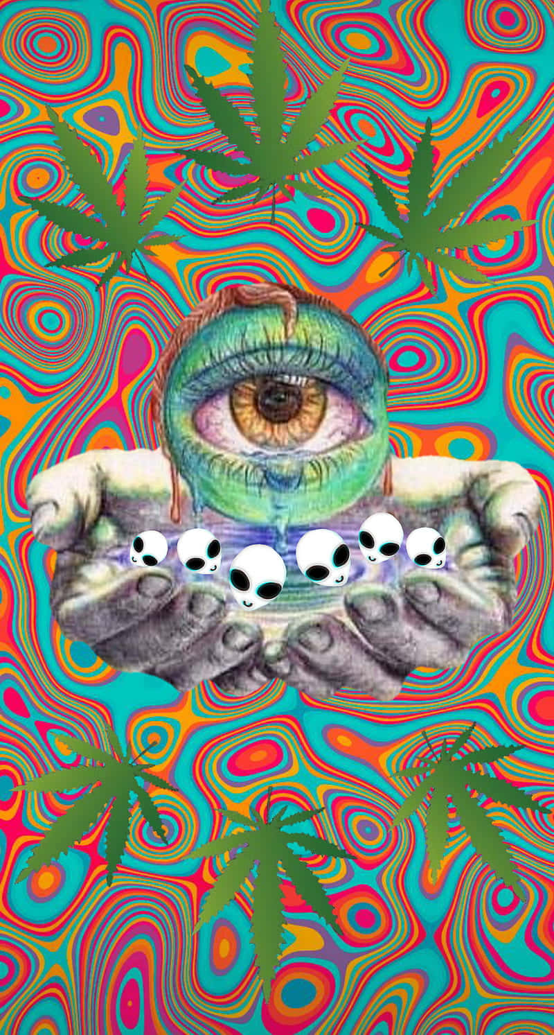 手托著一隻巨大眼睛，漂浮的外星人頭顱和大麻葉在旋轉的彩虹背景上。