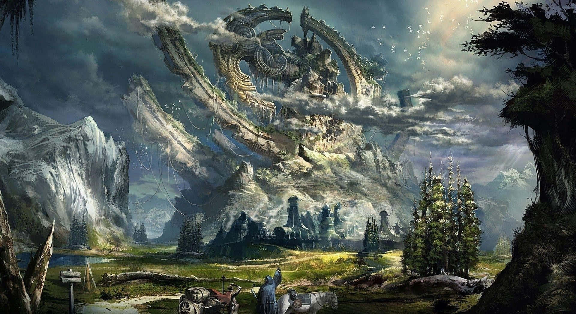 一個騎馬的旅人凝視著霧氣繚繞的山谷中的巨型龍廢墟。